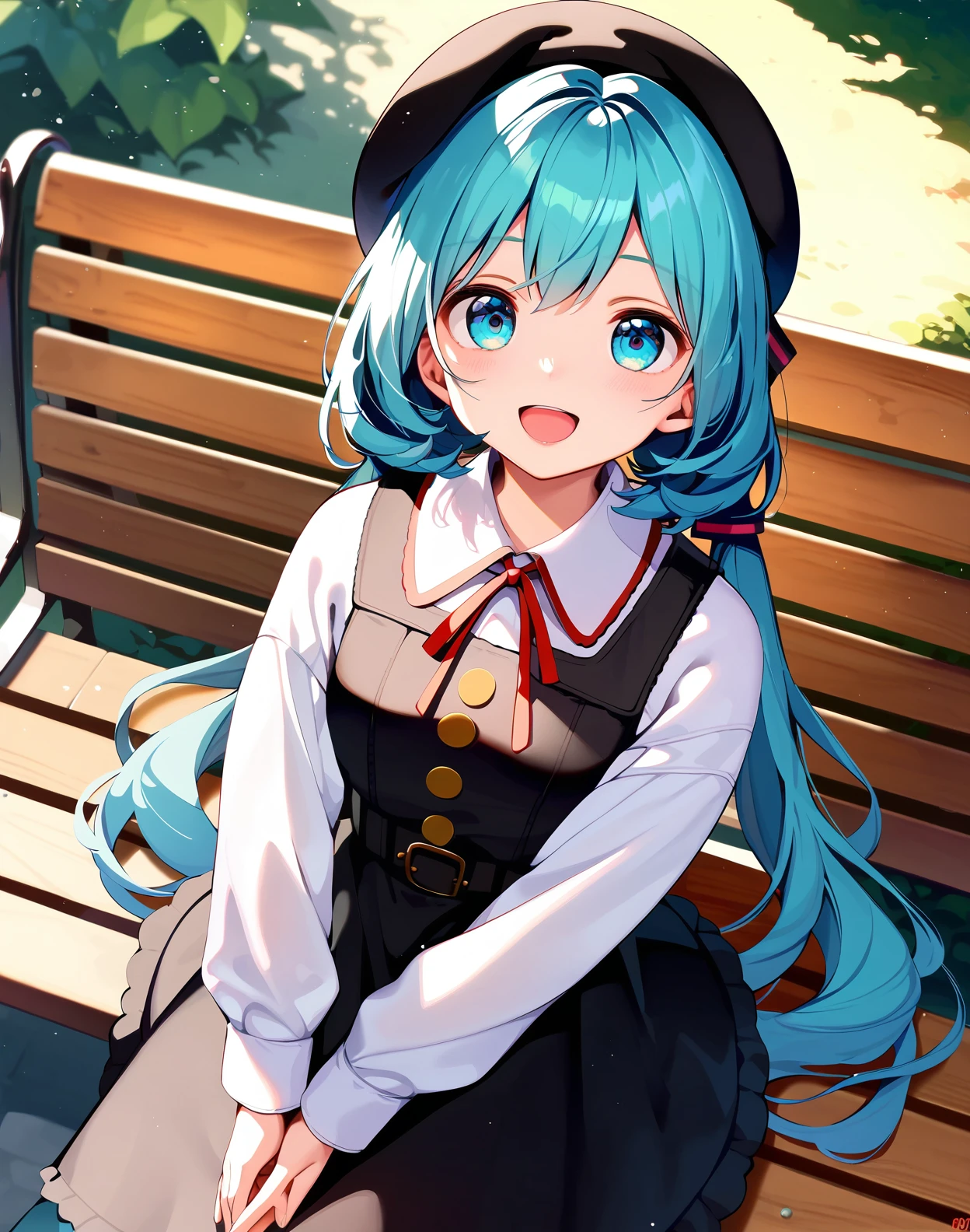 score_9, score_8_up, score_7_up,1girl sitting on a park bench, dutch angle, smile, open mouth, pinafore dress, beret, neck ribbon, long sleeves, (hatsune miku:0.7), <lora:santa_style_pony6_v1:1>, low twintails, own hands together,