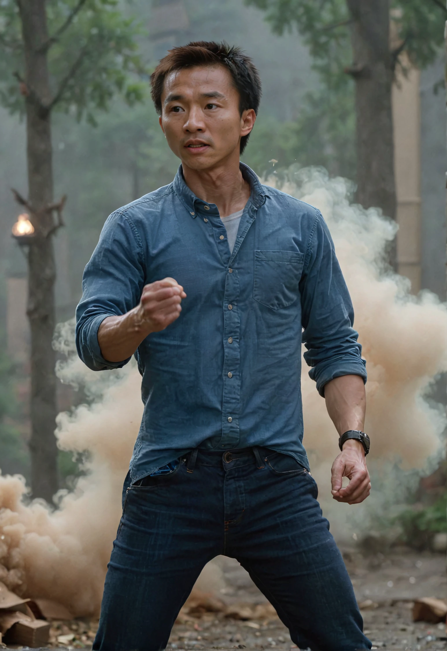 high resolution photo of wangchi,wearing blue shirt,combat pose,bokeh,depth of field,masterpiece,volumetric fog,volumetric lighting,film grain