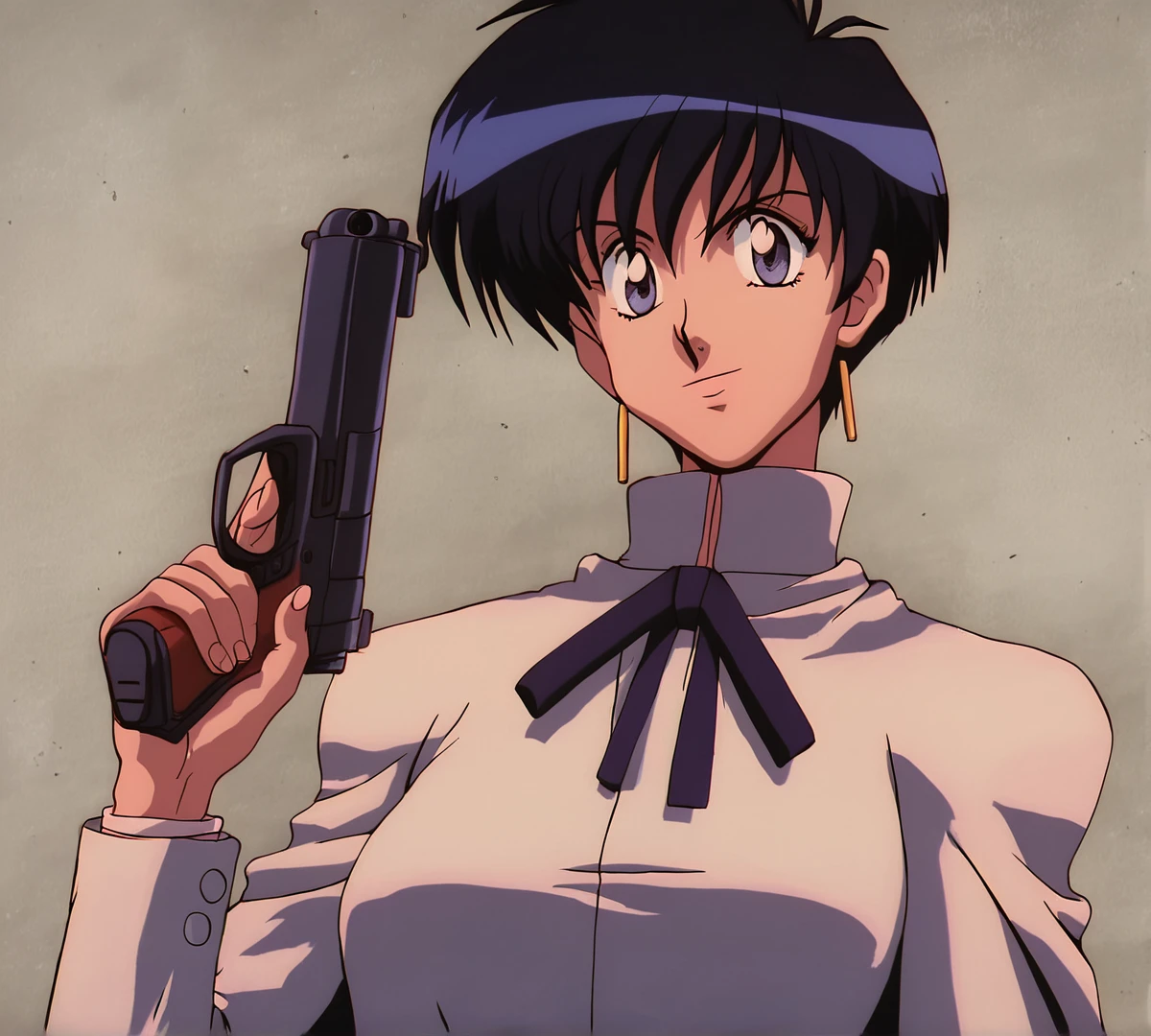 Meryl Stryfe, zPDXL, best quality, amazing quality, score 9, 1girl, 1990s, retro artstyle, confident, guns, <lora:Meryl_Stryfe:1>