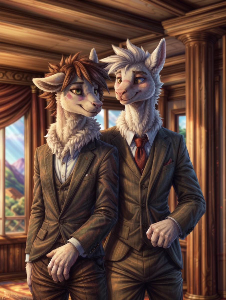 male clothed, fluffy llama, white fur, cheek tuft, tuft, neck tuft, suit, pants, standing, smile, detailed room background, masterpiece, intricate, sunlight, by dimwitdog, by fluff-kevlar, by redishdragie