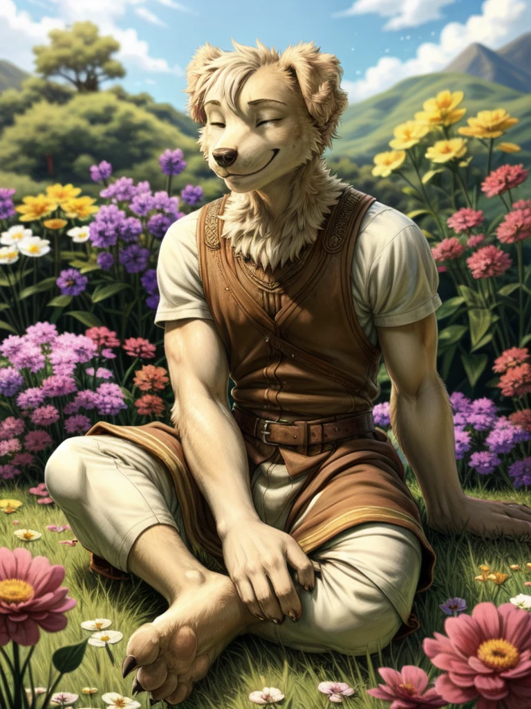 fantasy art, solo, portrait, male dog, clothed, sitting on the grass, (closed eyes:1.2), barefoot, toe claws, (smile:1.2), flowers, outside, cinematic, complex background, by milkytiger1145, by garnetto