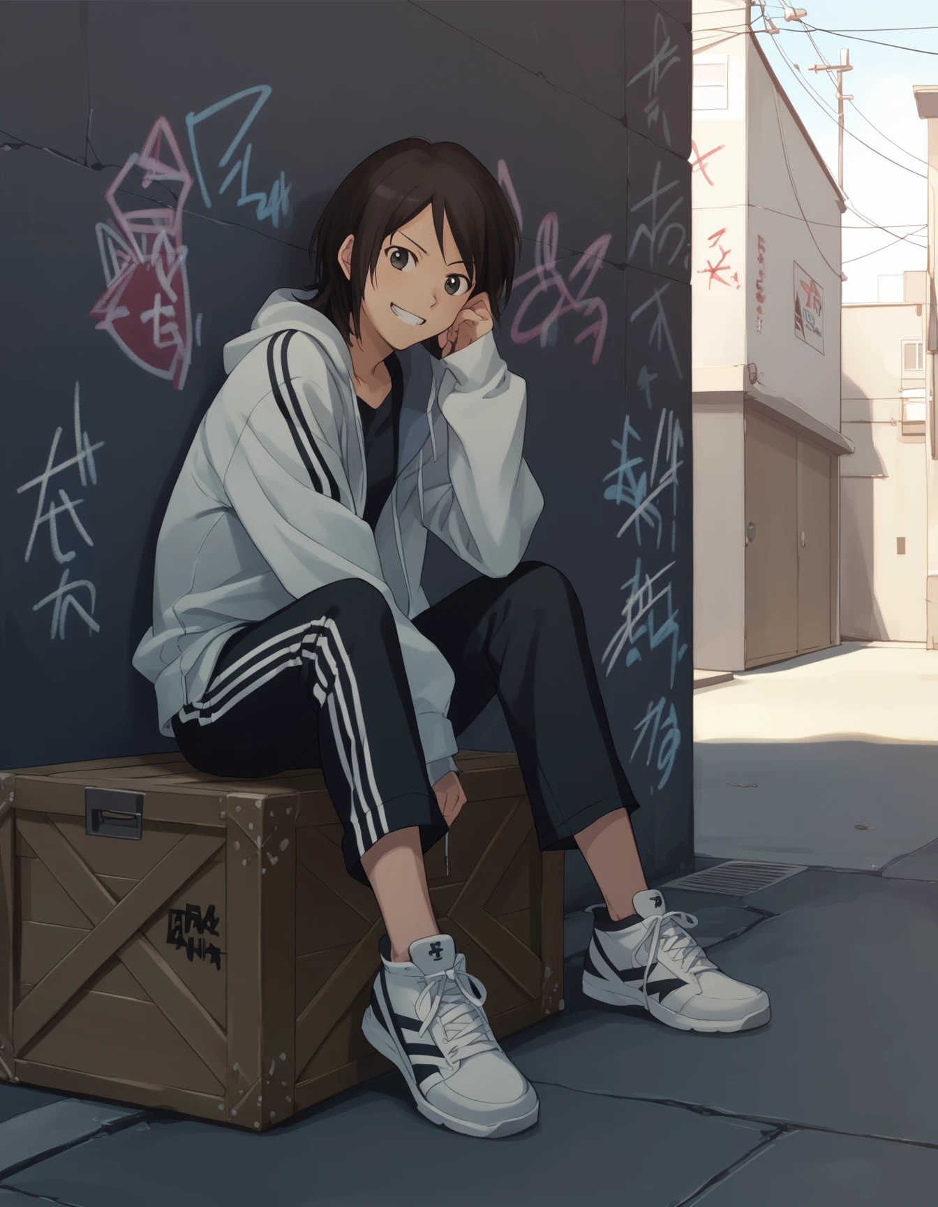 score_9,  score_8_up, score_7_up, source_anime <lora:takahashi-maya-ponyxl-000035:1> takahashi maya, streetwear, sitting, grin,
1girl, solo, alley, crate, graffiti