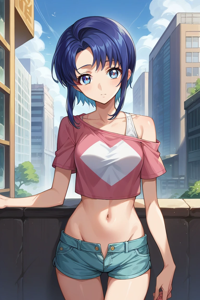 score_9, score_8_up, score_7_up, score_6_up, score_5_up, score_4_up, rating_questionable, , source_anime, digital illustration, pixiv, fanbox, uncensored, , BREAK, official art,
1girl, solo,  female, cecile croomy, blue hair, blue eyes, short hair, long sidelocks,
crop top, shorts, navel, groin, city, buildings,, outdoors, cowboy shot, looking at viewer, colorful, vivid, <lora:Cecile_croomy_Pony-10:1.0>