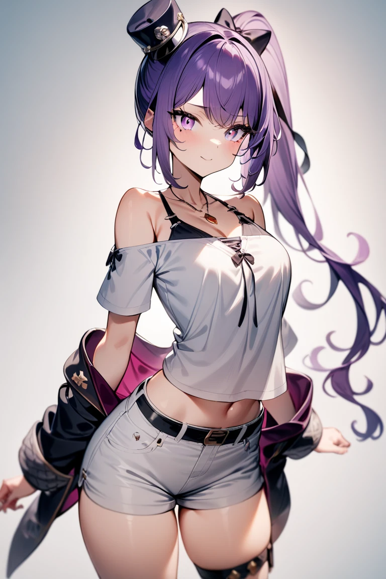 1girl,white background,simple background,bare shoulders,,amy,white shorts,white shirt,<lora:amy-000010:0.8>, masterpiece, best quality, very aesthetic, absurdres