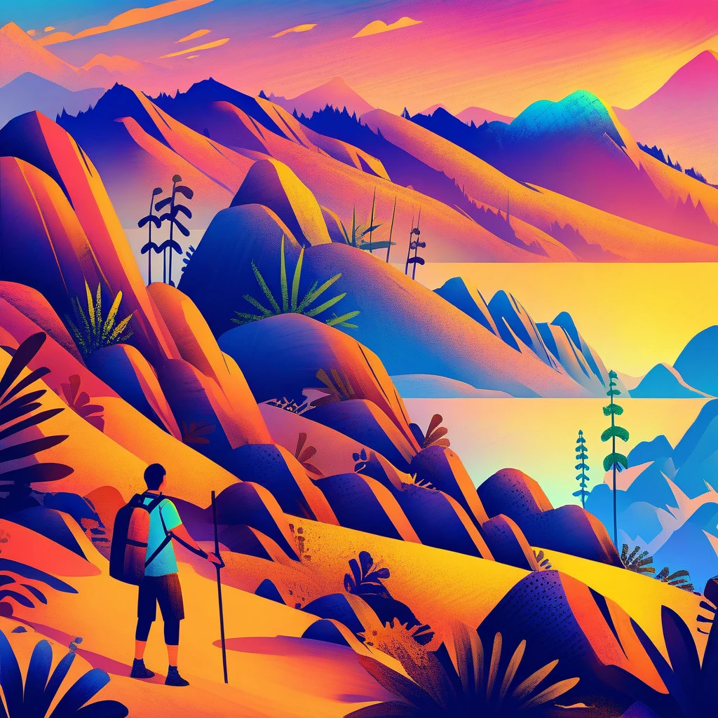 illustration,outdoors,scenery,sunset,plant,mountain,bag,<lora:scenery illustration:1>,