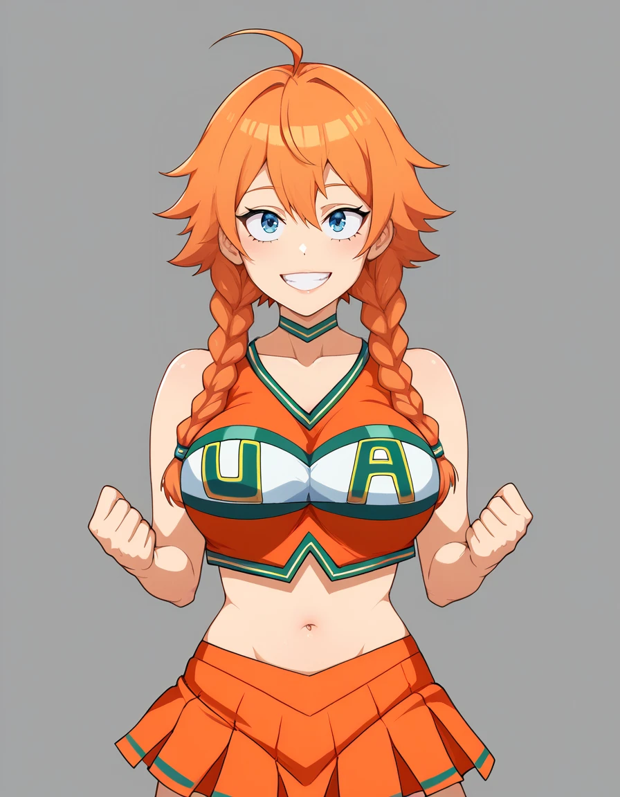 score_9, score_7_up, BREAK ,rating_explicit,
uacheerlead, 1girl, cheerleader,  navel,midriff, crop top, choker,  orange skirt, pleated skirt,orange shirt,
lare breasts,twin braids, light smile, looking at viewer,  <lora:u.a._cheerleader_outfit XL CAME 2-000008:1>