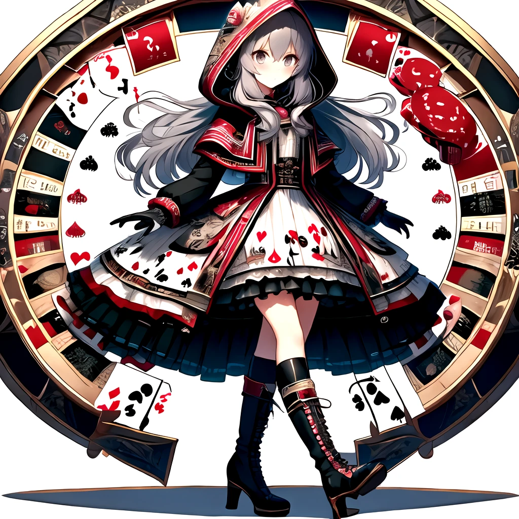 <lora:kajinoishou_v1:1>, kajinoishou, 1girl, solo, high heels, long hair, high heel boots, boots, hood, gloves, card, white gloves, looking at viewer, puffy sleeves, long sleeves, hood up, playing card, puffy long sleeves, grey eyes, bangs, dress, hair between eyes, standing on one leg, full body, standing, capelet, black footwear, socks, grey hair, black socks, closed mouth, poker chip, skirt, frills, white dress, blush, hooded jacket