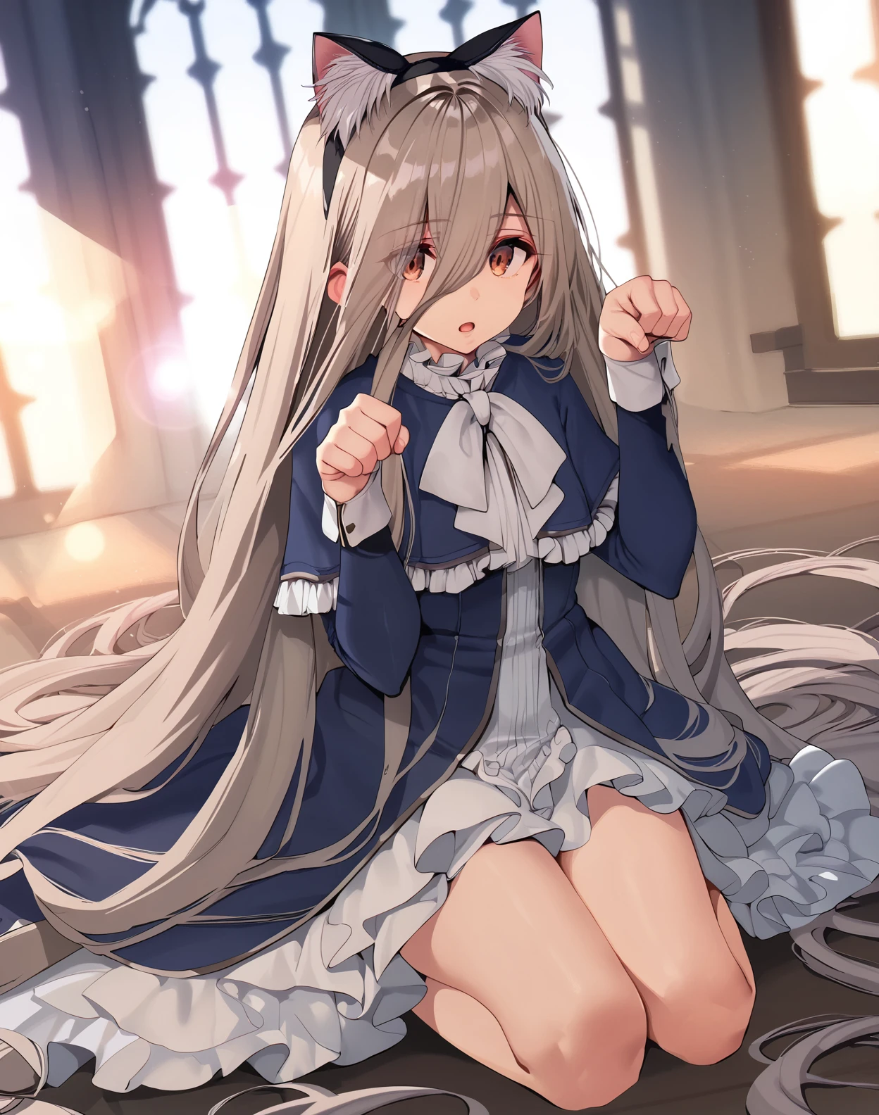 score_9, score_8_up, score_7_up,1girl sitting on the floor, paw pose, open mouth, fake cat ears, castle, window, lens flare,
<lora:santa_style_pony6_v1:1.2> <lora:sense_sousou no frieren_PONY_last:0.6> sense \(sousou no frieren\),brown eyes,very long hair,absurdly long hair,hair between eyes,eyes visible through hair, blue capelet,frilled dress,white long dress