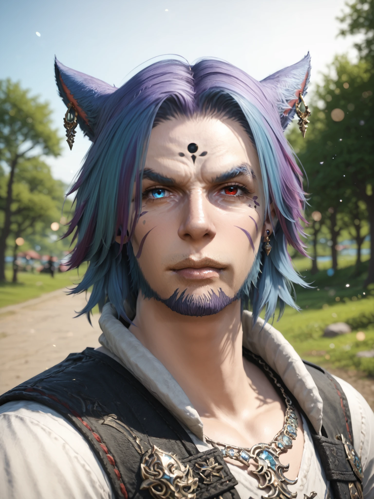 Khit'li L'ocar, heterochromia, red eyes , blue eyes, facial hair, stubble, beard, multicolored hair, blue hair, purple hair, closed mouth, miqote, earrings, jewelry, looking at viewer, outdoors, DynaPortrait_PDXL BREAK PonyXLV6_Scores , <lora:KhitliMoonKeeperPonyXL:0.8>