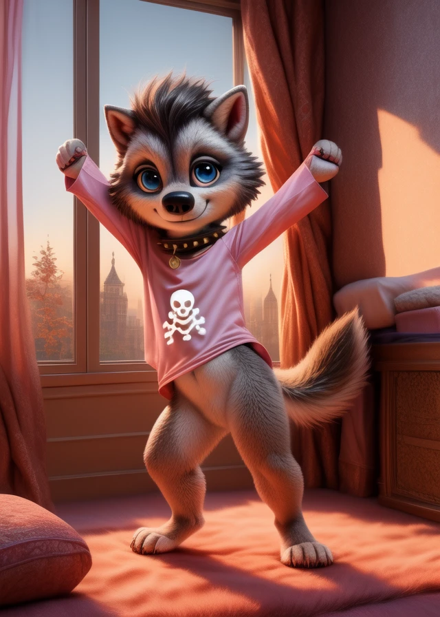 WinnieWerewolfCeartoonII, Pink t-shirt with a skull, blue eyes pigtails, girl, collar with spikes,, Detailed multicolored skin, soft skin, ((baby, chibi,tail))
 [day, room , luxury room, children's room window, landscape outside the window, curtains, bed, pillows, light from the window],  (fighting stance)
(beautiful, aesthetic, perfect, delicate, intricate), masterpiece, digital drawing, best quality,  <lora:WinnieWerewolfIID:0.9>
