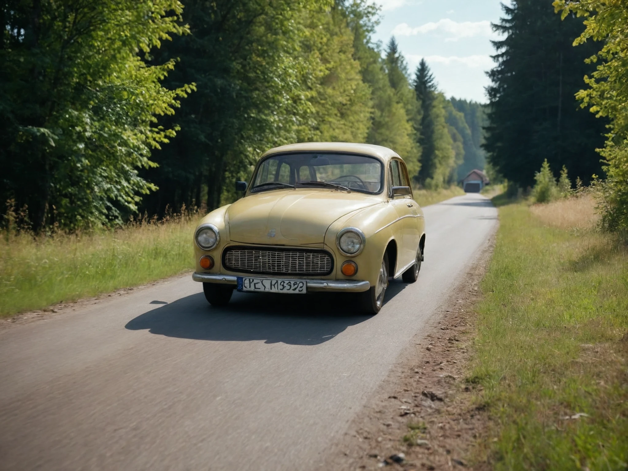 cinematic film still cinematic photo 60s polish compact car, riding on country side road, trees and small village during sunny day on background,  epic still shoot <lora:add-detail-xl:1> <lora:60s polish compact car:1> . 35mm photograph, film, bokeh, professional, 4k, highly detailed . shallow depth of field, vignette, highly detailed, high budget Hollywood movie, bokeh, cinemascope, moody, epic, gorgeous, film grain, grainy