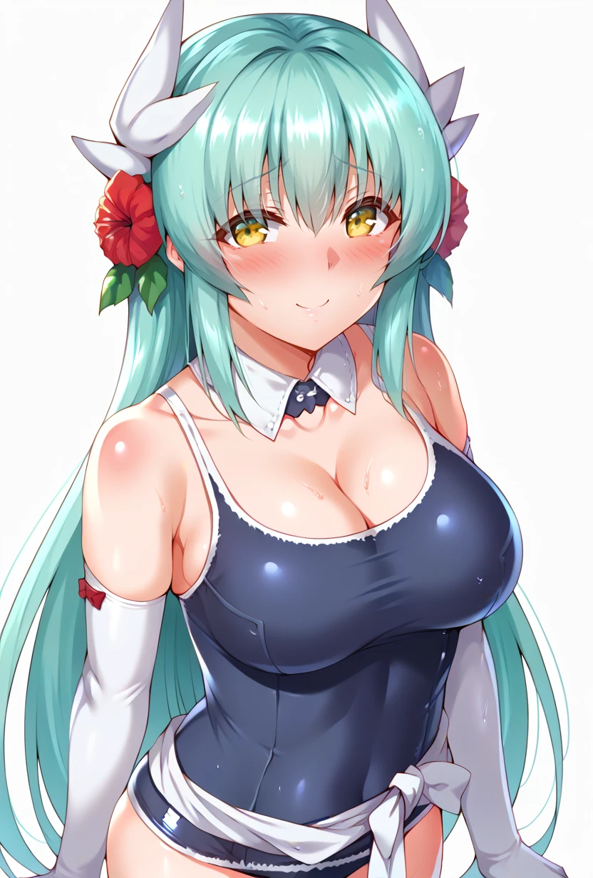 score_9,score_7_up <lora:kiyohime_(lancer)_XL_1:1>  bbkiyo, long hair, aqua hair, white horns, hair flower, yellow eyes, detached collar, cleavage, school swimsuit, blue one-piece swimsuit, elbow gloves, white gloves, sash, blush, smile, mature girl, mature female  <lora:zirba-Style-PonyXL-Dora-000048:1>