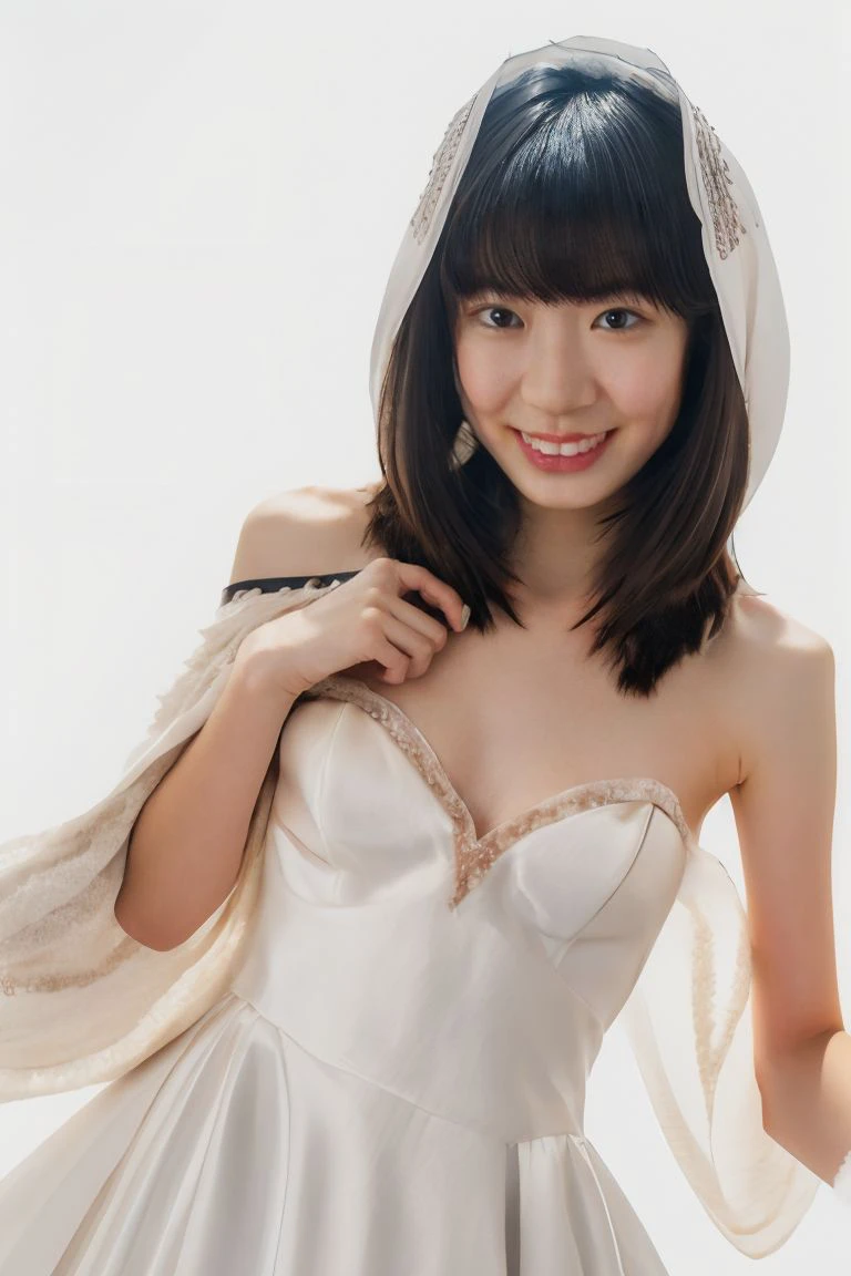 1girl, solo, small breasts, looking at viewer, realistic, photorealistic, black hair, brown eyes, lips, smile, teeth, medium hair, bangs, hyper detailed, super sharp, crisp, smooth, smooth gradients, depth of field, (in studio: 1.1), (white background: 1.1), <lora:ayu_makihara:1>, <lora:breastsizeslideroffset:-0.4>, <lora:skin_slider_v2_1_FACE:0.5>, <lora:add_detail_v5:1>, (sfw: 1.21), (bare shoulders: 1.1), (ball gown), (shawl:1.3)