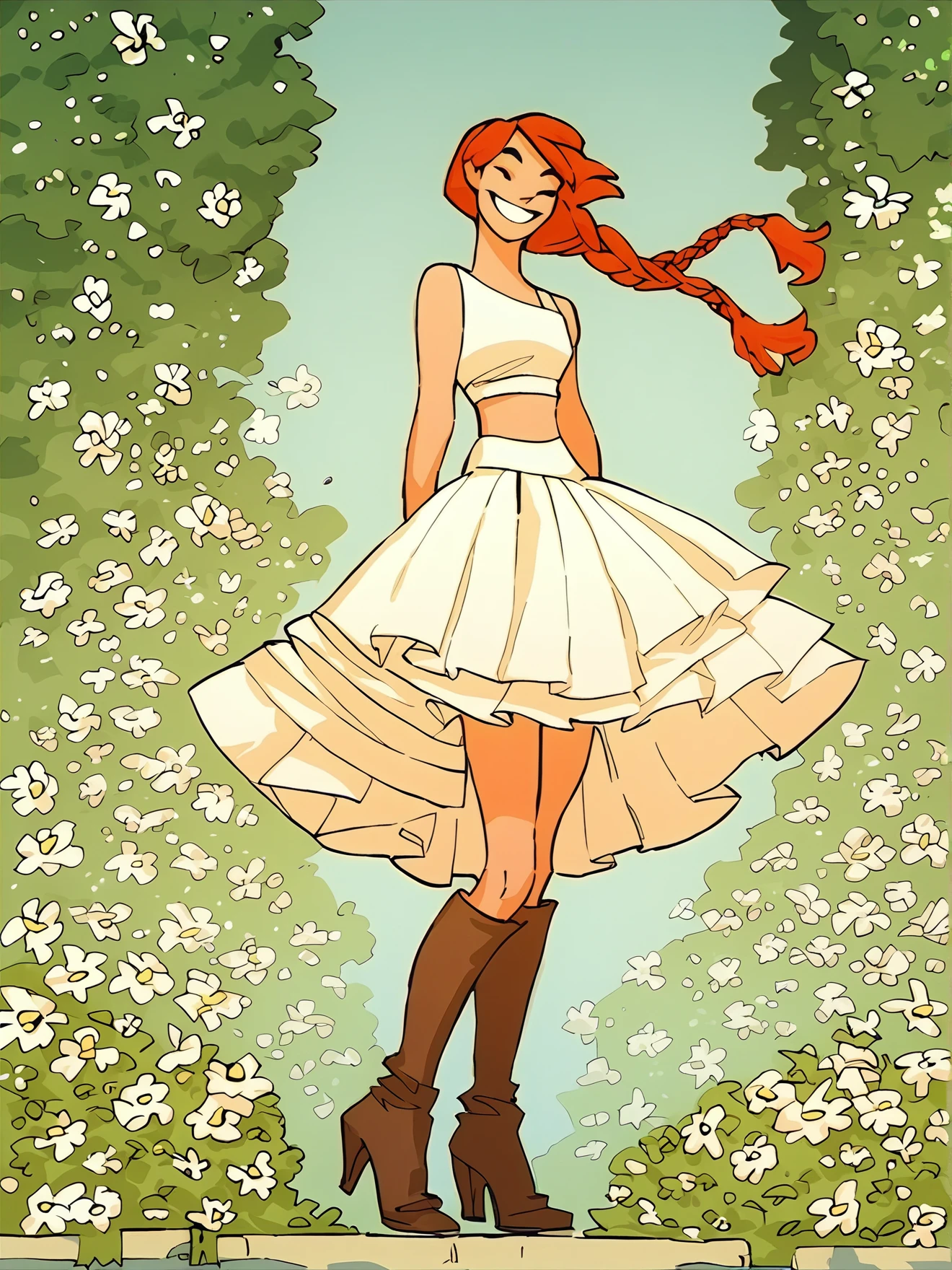 score_9, score_8_up, score_7_up, score_6_up,
1girl, smiling, white crochet crop top, red hair loose braided hair, short red pleated miniskirt, very high heel brown boots, standing, legs in view, flowers, smiling, elegant, attractive, full body show,
<lora:Oglaf_v0.2:0.9>