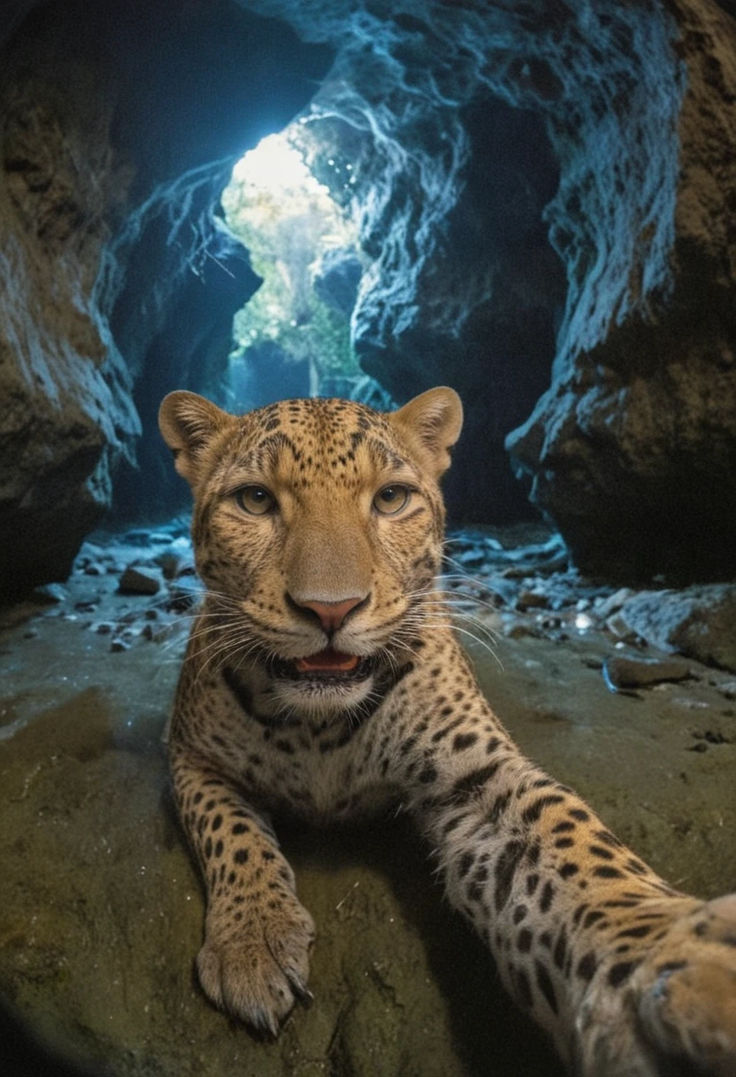 a leopard takes a selfie in bioluminescent cave, in the style of fisheye effects, funny mood, strong facial expression, wimmelbilder, tilt shift, intricate details, 8k.