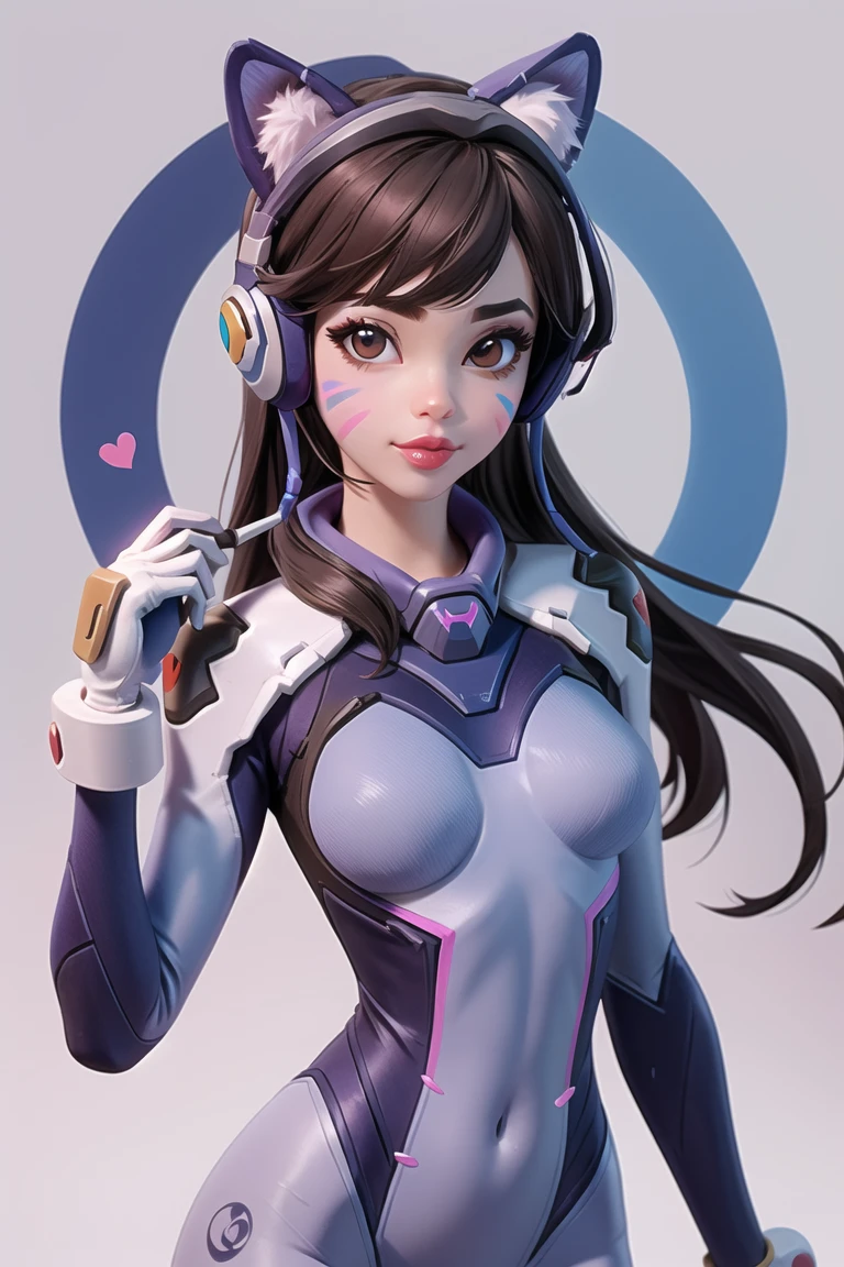 (masterpiece),best quality,1girl, solo, long hair, d.va (overwatch), whisker markings, facial mark, brown hair, breasts, bodysuit, brown eyes, gloves, headphones, white gloves, animal print, skin tight, medium breasts, pilot suit, looking at viewer, bunny print, bangs, ribbed bodysuit, swept bangs, lips, signature, pink lips, facepaint, cowboy shot, blue bodysuit, shoulder pads, artist name, holding, high collar, heart, nose