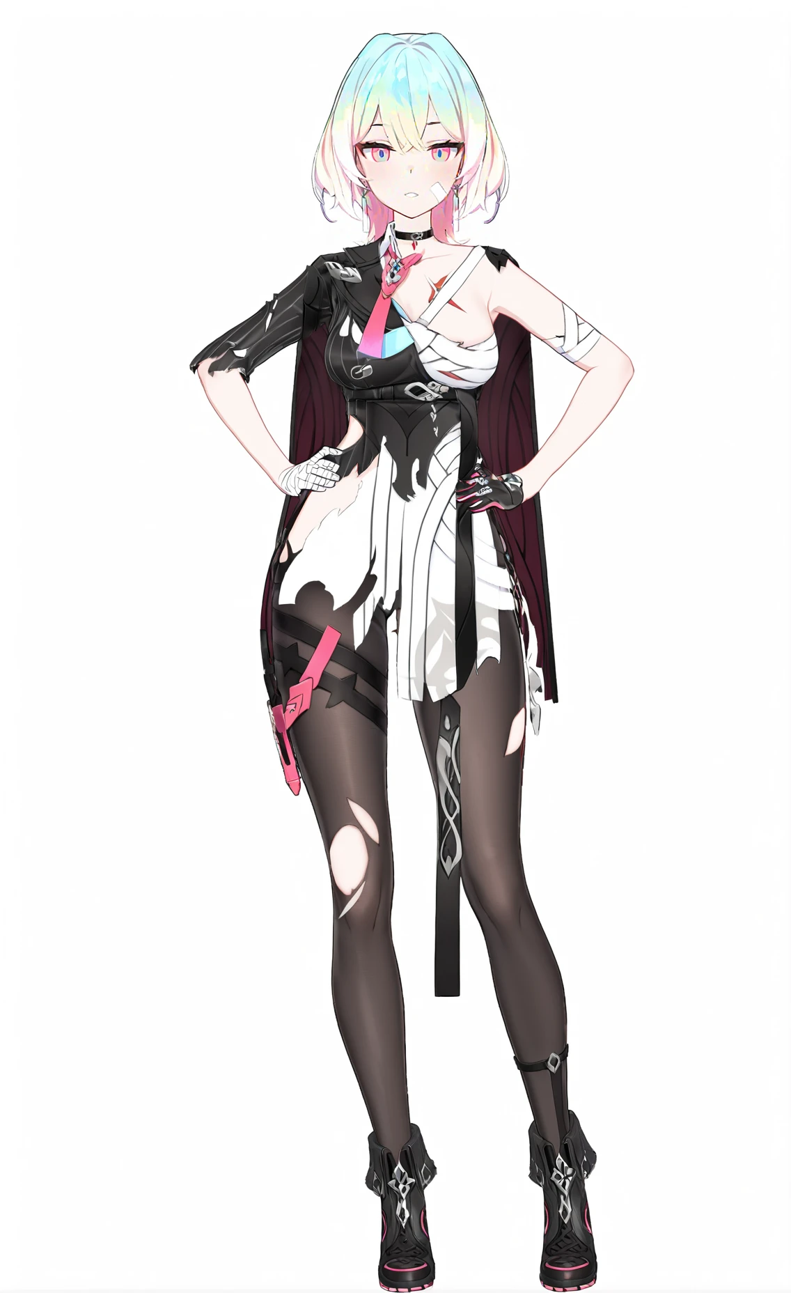 score_9, score_8_up, score_7_up, score_6_up, 8k,
8k, best quality, masterpiece, (ultra-detailed), (high detailed skin), white background, simple background,
(full body), (white background), standing, looking at viewer, (solo), hand on hip,
<lora:Lantern-A3-Tanger:0.8>, dengsfl, broken clothes, torn clothes,multicolored hair, 1girl, multicolored eyes, gloves, bandages, bandaged arm, pantyhose, chokerblack footwear,