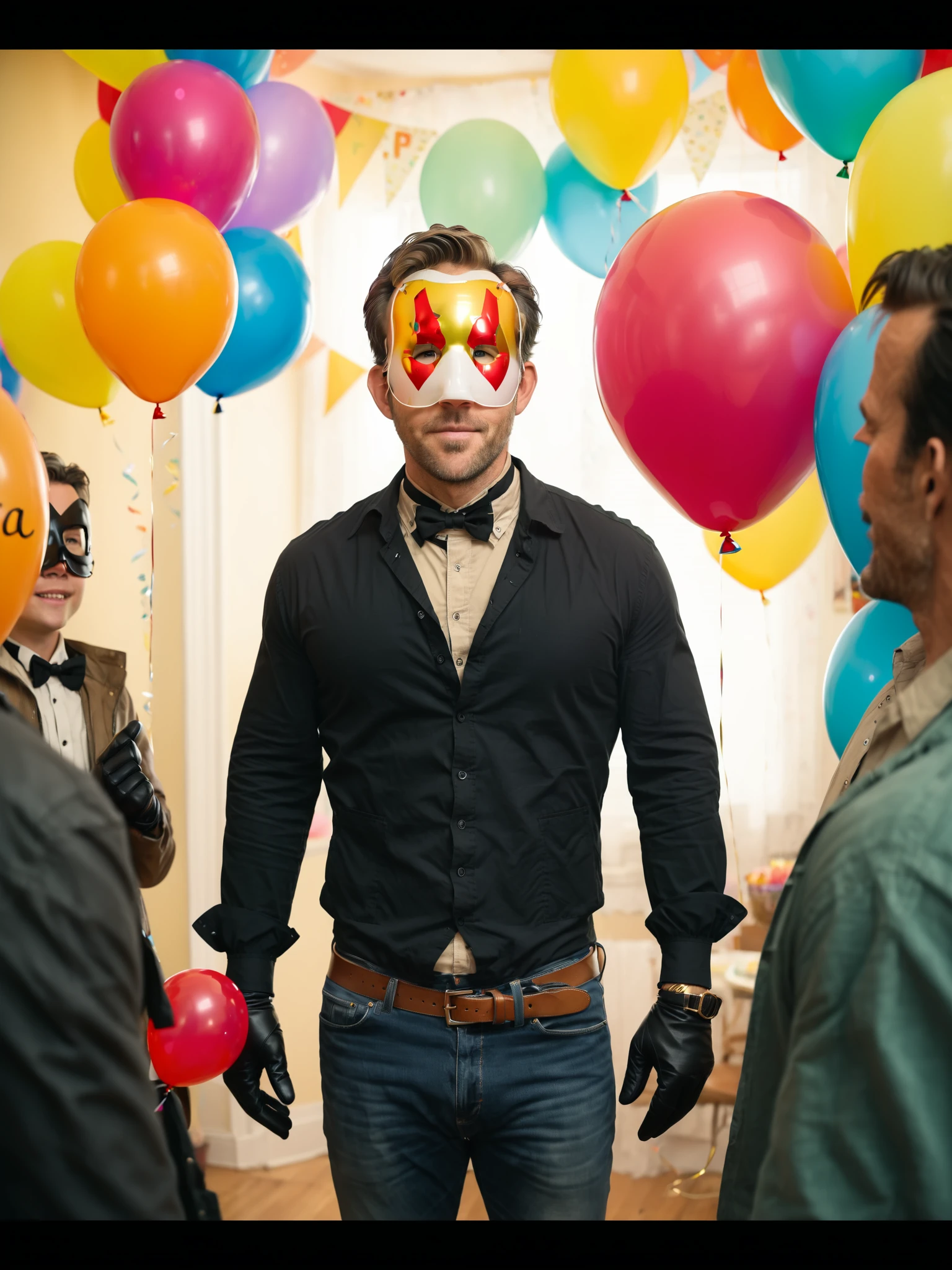 1boy, 2boys, balloon, belt, black gloves, bodysuit, collared shirt, male focus, mask, Ryan Reynolds at a birthday party with Hugh Jackman, mcudpstyle, multiple boys, natural lighting, soft dof, hyperrealistic , hyperdetailed photography, soft light, mcudpstyle, <lora:MCU-DeadpoolMovieStyle:1>