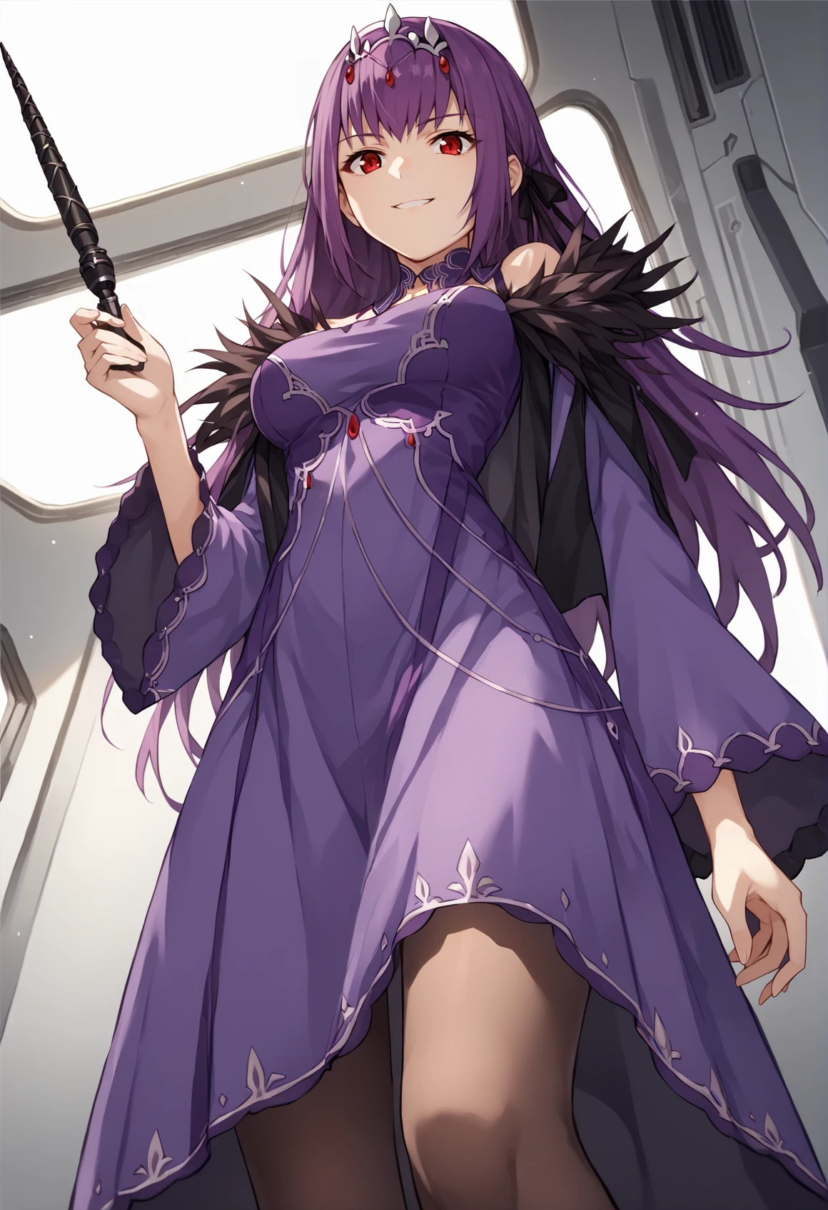 1girl, long hair, purple hair, red eyes, purple dress, silver tiara, detached collar, bare shoulders, long sleeves, wide sleeves, cleavage, feather trim, pantyhose, holding wand, stepped on, from below, pov, evil smile, spacecraft interior, white walls, plant, <lora:Scathach_Skadi_XL:1>, score_9, score_8_up, score_7_up, score_6_up, score_5_up, score_4_up, BREAK source_anime, masterpiece