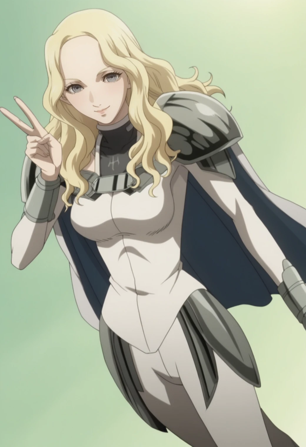 score_9, score_8_up, score_7_up,, BREAK 1girl, teresa,,<lora:teresa:0.8> grey eyes, , wavy hair, anime screencap, dynamic pose, pauldrons, cape, bodysuit, dutch angle, v,