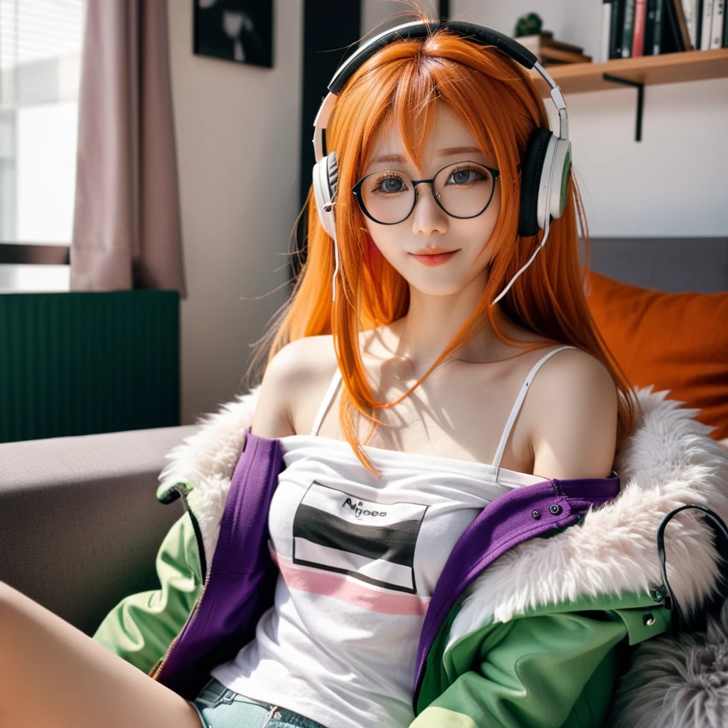 realistic, cinematic, (detailed), (highly detailed), a girl sitting on sofa, sakura_futaba, glasses, behind-the-head_headphones, long orange hair, purple eyes, ahoge, off_shoulder, collarbone, white fur trimmed green jacket, off-shoulder white t-shirt, black_tank_top insinde <lora:futaba_xl-000006:0.8>,<lora:oowoman:0.8>