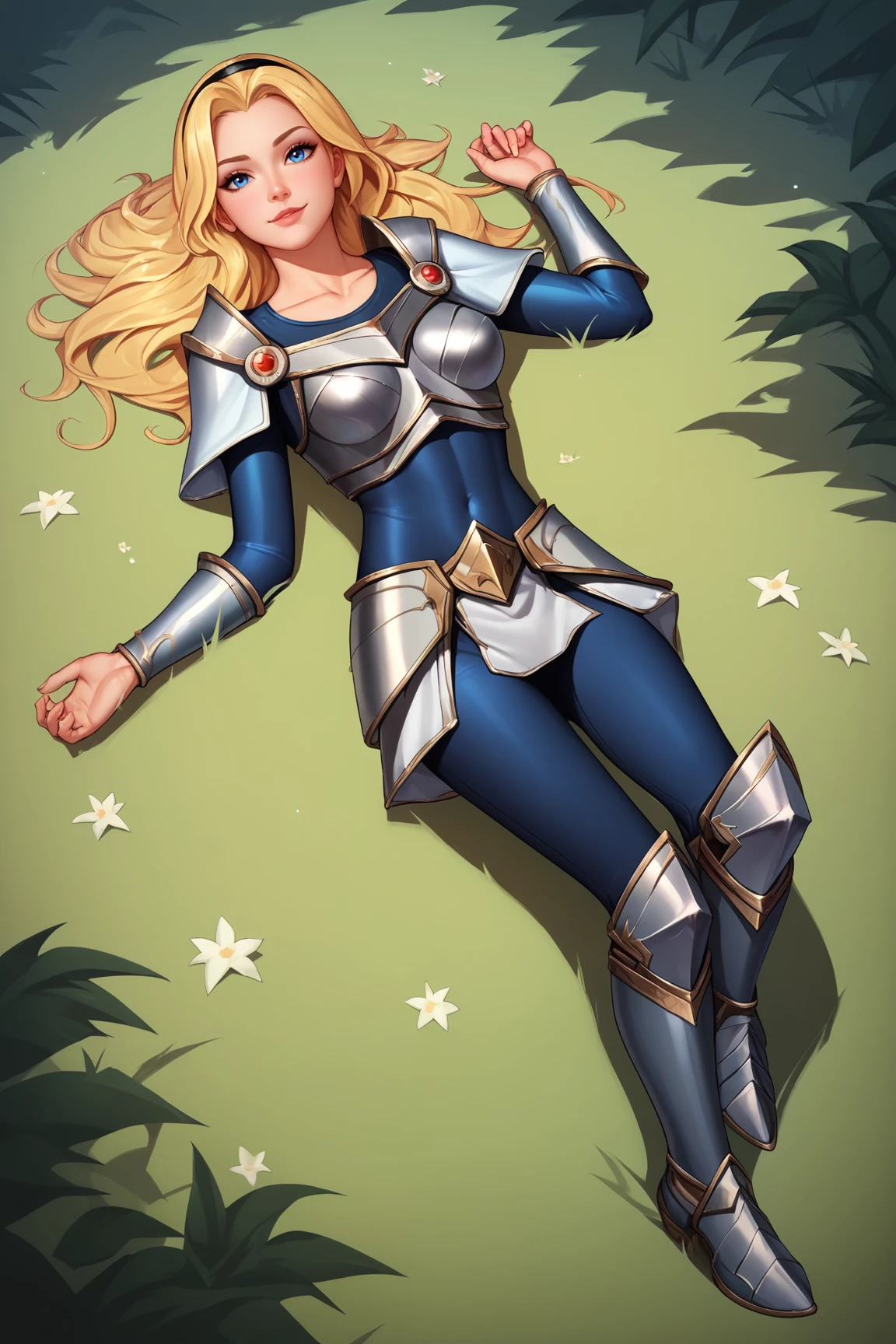 score_9, score_8_up, score_7_up, score_6_up, score_5_up, score_4_up, LuxLoLXL, blue eyes, blonde hair, long hair, black hairband, medium breasts, collarbone, shoulder armor, armor, blue bodysuit, breastplate, long sleeves, faulds, skirt, blue pants, armored boots, full body, lying on grass, seductive smile, looking at viewer, forest, tree <lora:LuxLoLXL:0.8>