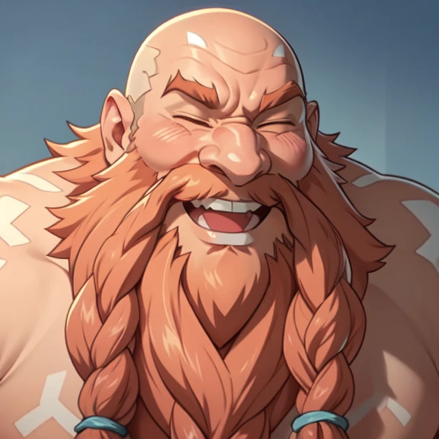 <lora:gragas-10:1.2> gragas, beard, long beard, mature male, wrinkled skin, manly, old, portrait, (happy kind smile:1.2), blush, bald, carefree easygoing expression, face, face close up, blushing, (^_^ face:1.4), eyes closed, laugh, (best quality:1.3), (anime:1.2),(anime screencap:1.2)