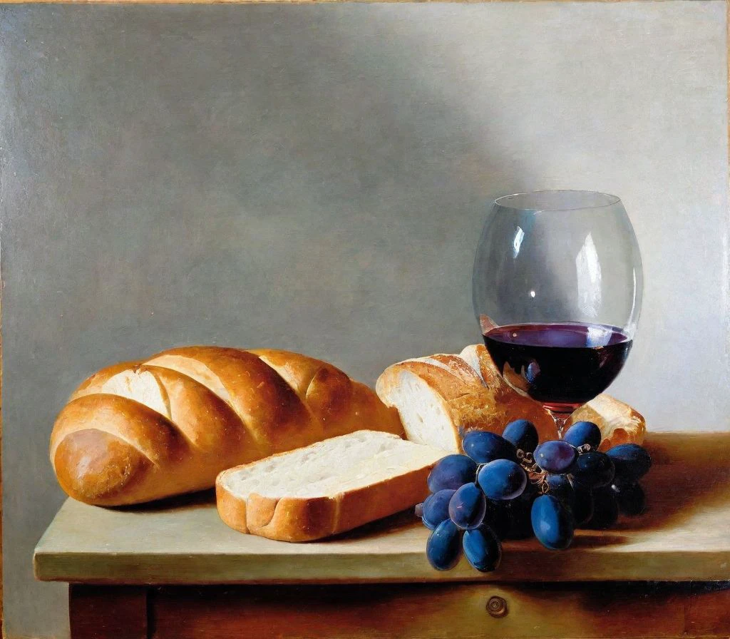 a painting of a still life, no humans, food, grape, indoors, glass, flower, bread