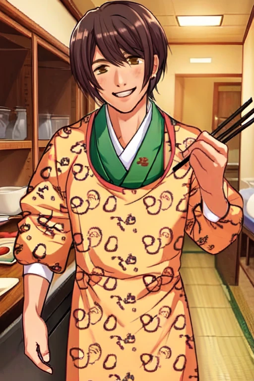 (masterpiece),(best_quality),1boy,Kannon,puffy sleeves,apron,mouse print,japanese clothes,smile,bangs,holding chopsticks,<lora:Kannon:1>,