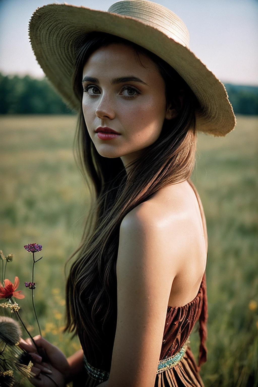 PoppyD_SoloTI_v1,
(Draped in flowing layers of earth-toned fabrics, accessorized with beaded jewelry and a wide-brimmed hat),
(In a sun-drenched meadow, with wildflowers swaying in the breeze and the distant sound of acoustic music carrying through the air:1.3),
closeup portrait, 85mm, (analog, cinematic, film grain, hazy atmosphere:1.3), detailed eyes, (painted lips), (seductive), (cinematic shot:1.3),
<lora:add_detail:0.6>,<lora:LowRa:0>