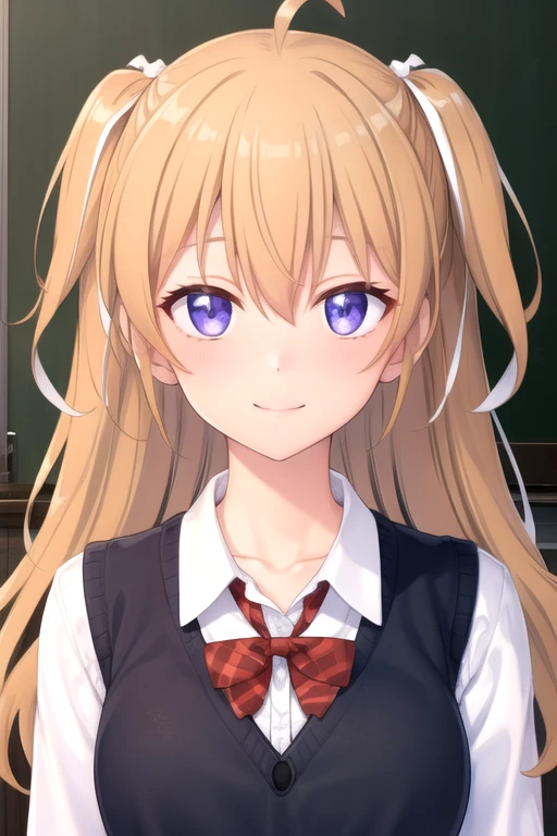 ((masterpiece)),(best quality),official art,extremely delicate and beautiful,extremely detailed CG,unity 8k wallpaper,ultra detailed,beautiful detailed eyes,extremely detailed face,outdoors,1girl,solo,upper body,(portrait:1.5),looking at viewer,facing viewer,smile,Tayama Saki,ahoge,very long hair,orange hair,shiny hair,twintails,floating hair,hair bow,white bow,white ribbon,two side up,hair ribbon,sidelocks,hair between eyes,bangs,purple eyes,collarbone,school uniform,sweater vest,cardigan vest,black vest,red bowtie,white shirt,collared shirt,dress shirt,large breasts,long sleeves,red skirt,plaid skirt,pleated skirt,black socks,loafers,<lora:Tayama Saki(wc)>,