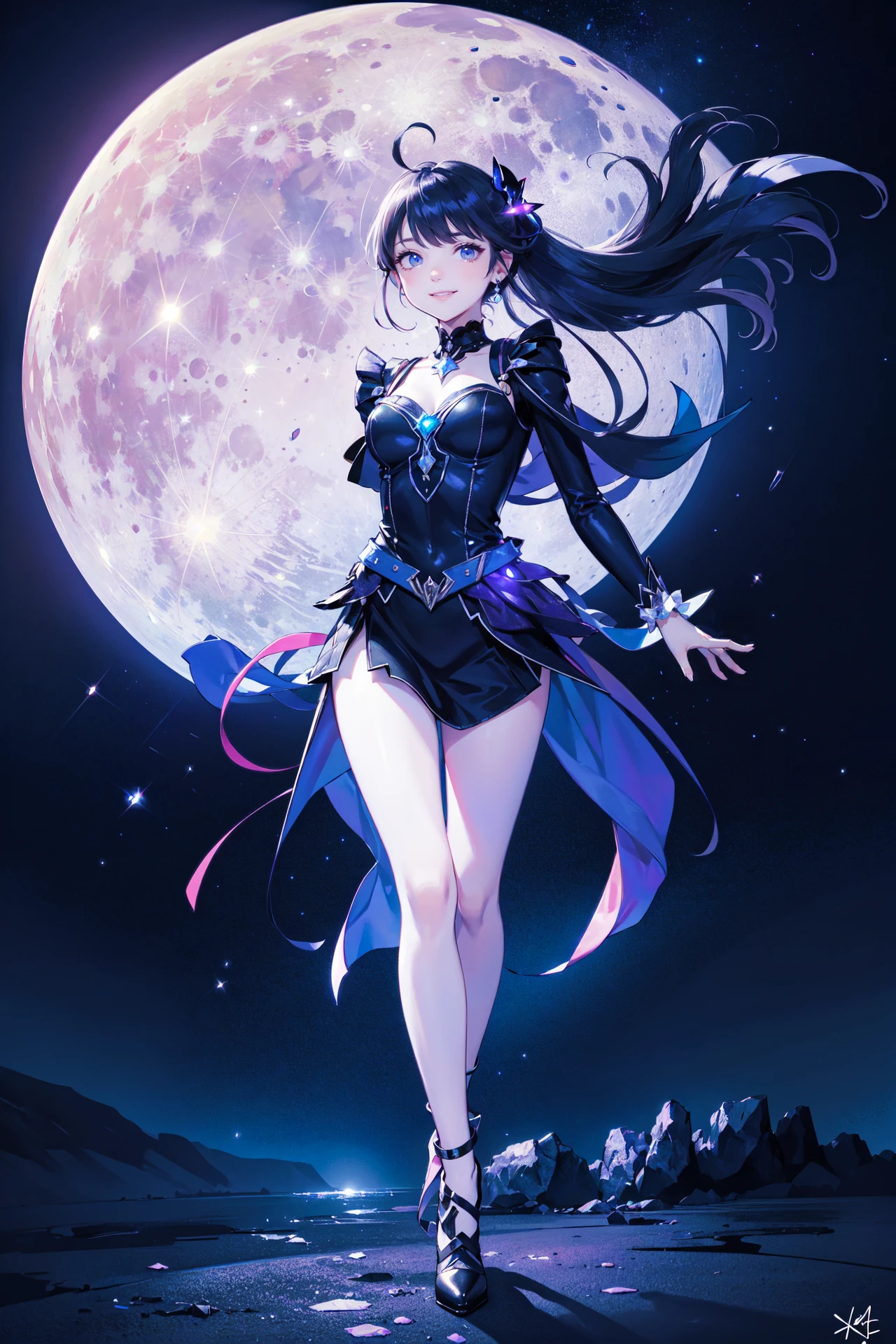 ((best quality, masterpiece, absurbres, super-resolution)) beautiful, movement, alluring. smiling, starry sky, ambience, moon, night sky, colorful lighting, cinematic lighting, neon light glowing, medium shot