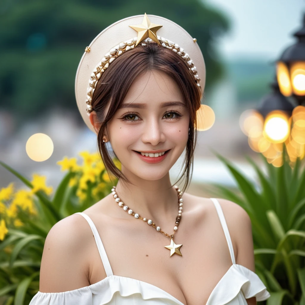 <lora:my_ryzaXL:0.8> ryza,1girl, ryza,brown hair, hat, jewelry, necklace, short hair, hair ornament, brown eyes, hairclip, smile, star necklace, star \(symbol\), white headwear, collarbone, upper body, blurry, outdoors, medium breasts, upper body, looking at viewer, outdoors, solo, days, smile, (masterpiece), (best quality), (ultra-detailed), illustration, perfect composition, intricate details, moist skin, intricate details, HDR, bokeh, <lora:oowoman:0.7>