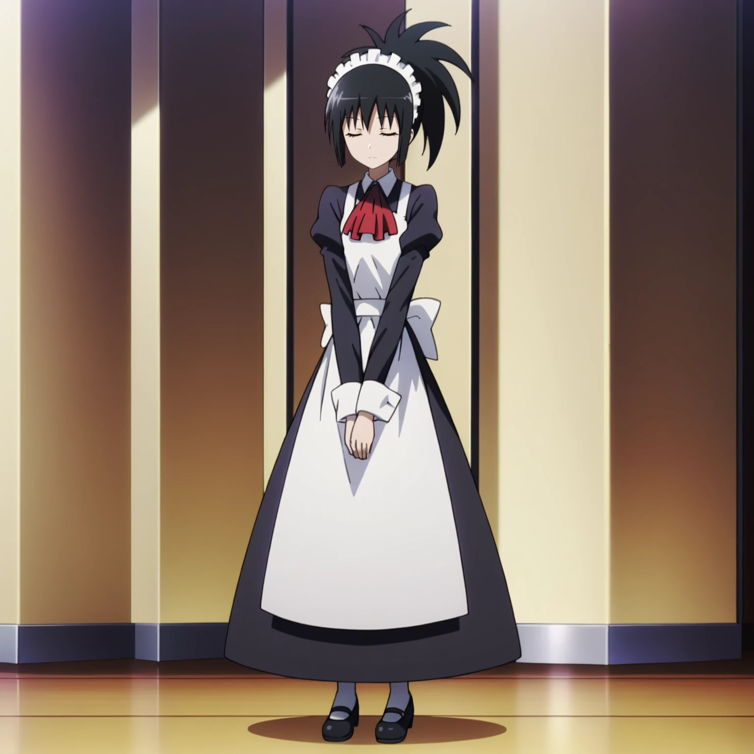 <lora:SayakaDejimaXLpony002>,
closed eyes,
solo,
SayakaDejima,1girl,black hair,ponytail,
maid_headdress,long_dress,red ascot,long_sleeves,apron,v arms,
full body,standing,