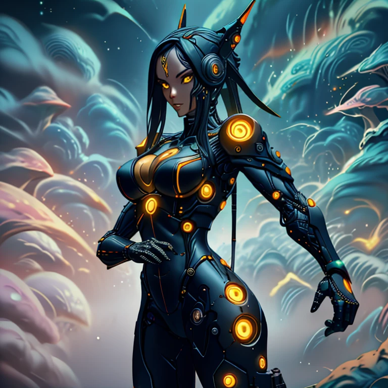 distopic Afro-futuristic style alien graffiti artist, humanoid, androgynous appearance, full body, dynamic pose, with high-tech paint roller, high-tech painting materials, futuristic, full body, long shot, Orlando arocena style, Vector art, solo, vibrant colors, high detailed, masterpiece,(best quality,top quality,8k), full body, geral plan, interesting character design, great character design, character design concept art, style of ashley wood, character design art, 2d concept art, stunning character art, single character concept art, metal slug concept art, very stylized character design, game character concept art, pristine concept art, beautiful full body concept art