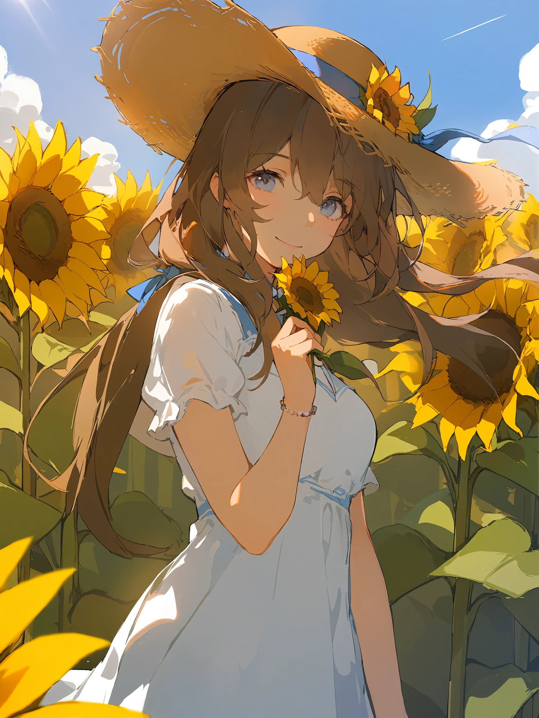 1girl,
solo, outdoors, dress, standing, yellow flower, blue sky, white dress, hair between eyes, long hair, flower field, smile, cloud, brown hair, summer, short sleeves, sunflower field, sunlight, day, holding flower, straw hat, field, looking at viewer, sky, hat, flower, blue eyes, sun hat, holding, sunflower, closed mouth, hand up,
masterpiece, best quality, safe
<lora:mki-ani31-ahriii-v1-000125:1>