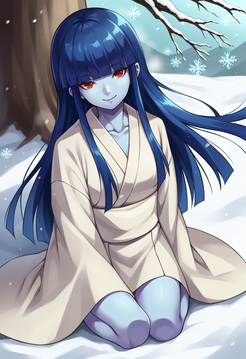 score_9, score_8_up, score_7_up, source_anime BREAK 1girl, solo,
<lora:zs_YukiJyorouXL:1> yukijyorousmt, kimono, long hair, blunt bangs, blue hair, red eyes, colored skin, blue skin, arctic, snow,
looking at viewer, smile, sitting on ground, snow, snowflakes, under tree