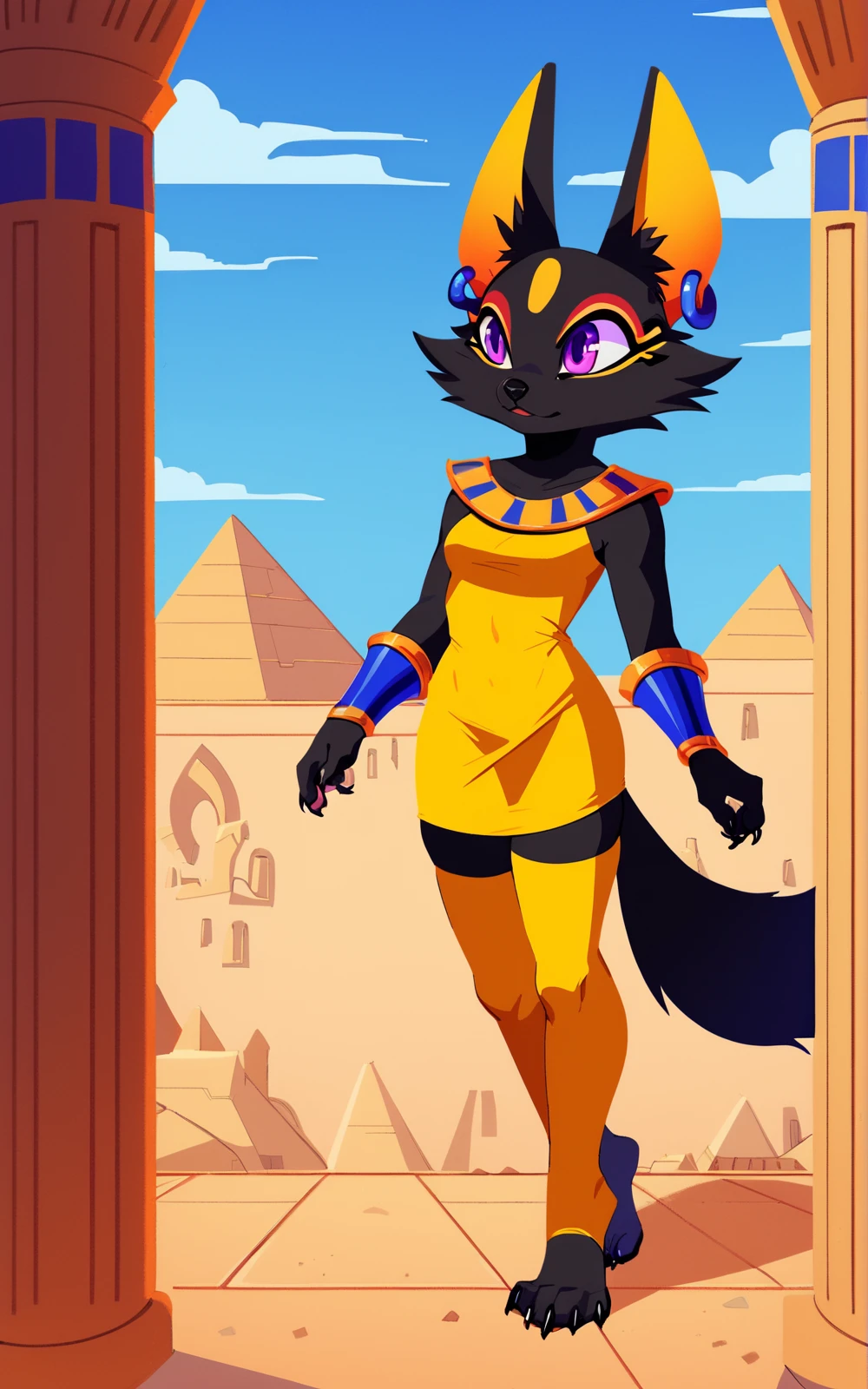 score_9, score_8_up, score_7_up,((best quality)), absurdres,((full body)),  <lora:3d-2d:0.8>,  <lora:PatraPMPXL:0.8>,PatraPMPXL,tail, animal ears,purple eyes, black fur, furry, furry female,earrings, jewelry, yellow dress,body fur,makeup,vambraces,egyptian, animal nose,white background,legwear, yellow legwear,feet,slim,thighhighs,short dress,claws,barefoot,short dress,black skin,solo,desert, pyramids, town,blue sky,clouds