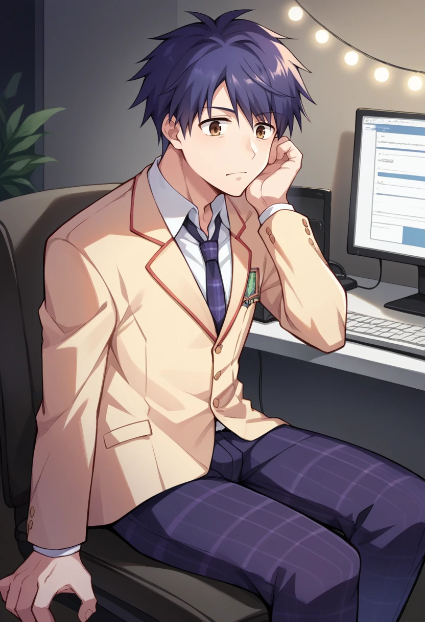 score_9, score_8_up, score_7_up, source_anime BREAK 1boy, male focus, solo,
<lora:zs_TakumiXL:1> takumichaos, short hair, blue hair, brown eyes, blazer, shirt, blue necktie, plaid pants,
sitting, computer, bedroom, dark, lights off, no windows