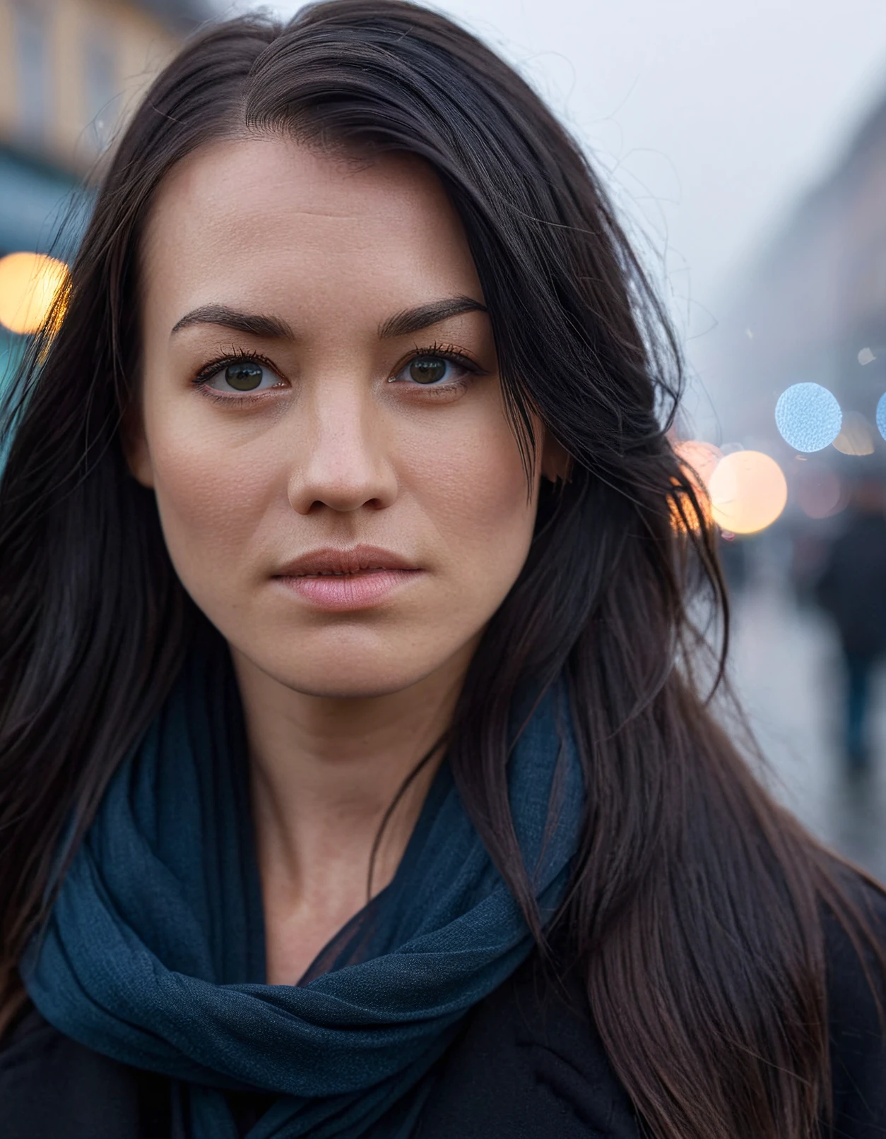 high resolution photo of yvstr woman,black long hair,looking at camera,close-up,in street,bokeh,depth of field,masterpiece,volumetric fog,volumetric lighting,cinematic