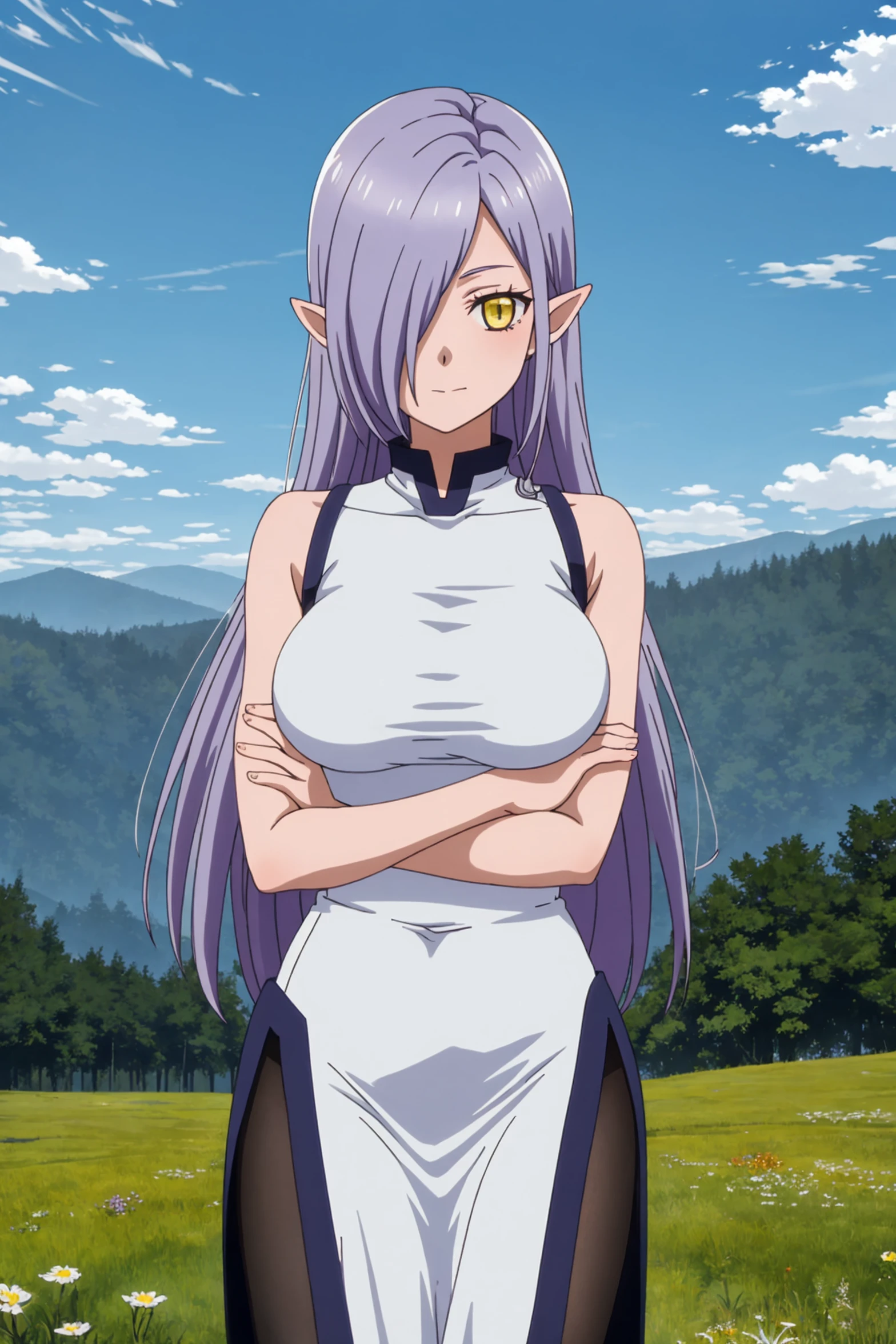 masterpiece, best quality, anime coloring
BREAK
kyarotto_olis, 1girl, solo, purple hair, very long hair, hair over one eye, pointy ears, yellow eyes, sleeveless dress, white dress, long dress, side slit, black pantyhose, large breasts, cowboy shot, looking at viewer, crossed arms, wind lift
BREAK
wind, nature, mountain, forest, blue sky
<lora:kyarotto_PeachBoyRiverside_sd1.5_v1:1>