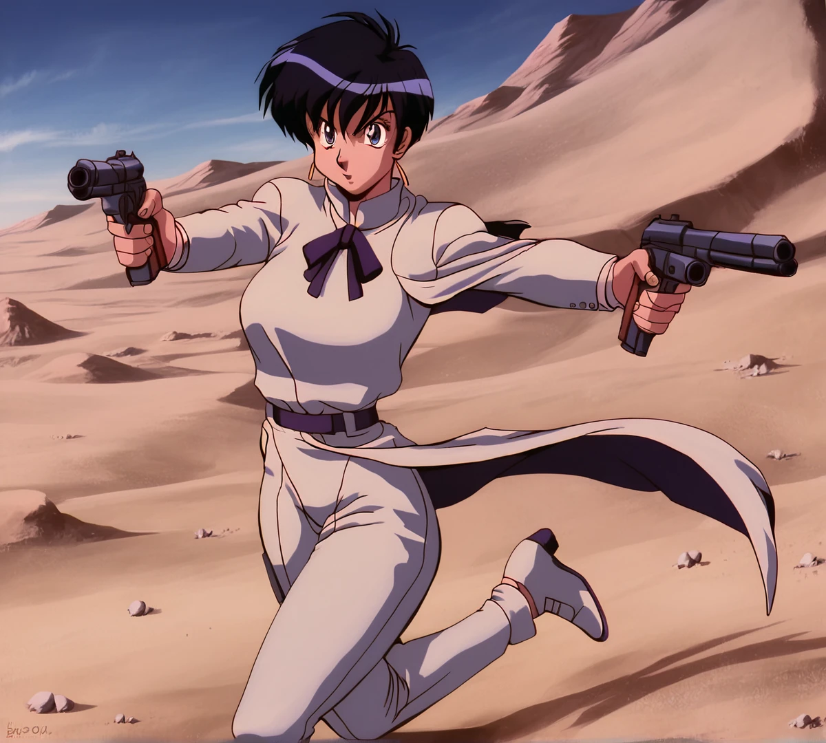 Meryl Stryfe, zPDXL, best quality, amazing quality, score 9, 1girl, 1990s, retro artstyle, guns, dual wielding, desert, <lora:Meryl_Stryfe:1>