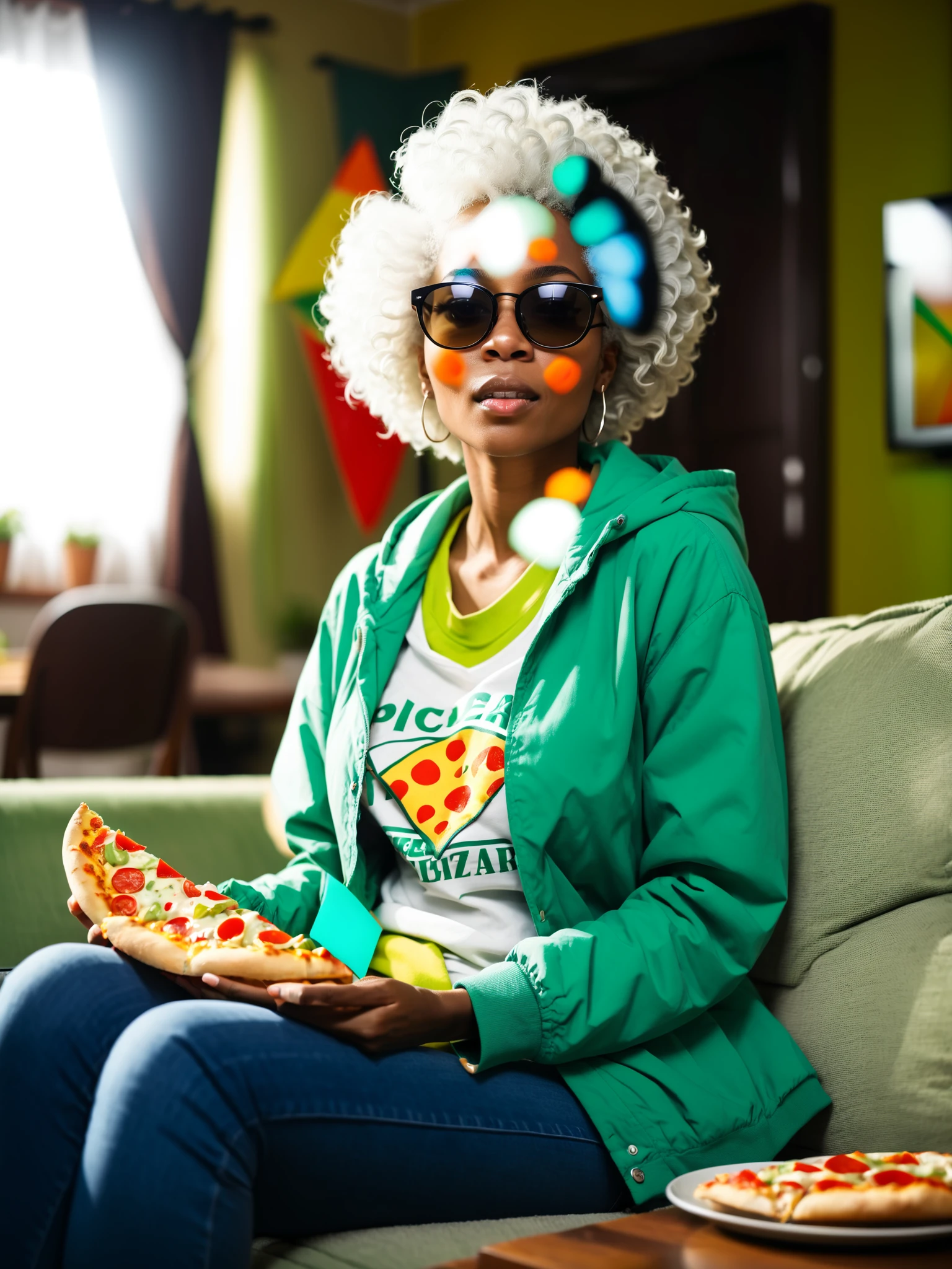 1girl, mature female, shirt, solo, sunglasses, dark skin, dark skinned female, white hair, afro, green jacket, hood, indoors, living room scene, television, sitting on the couch, eating pizza, natural lighting, soft dof, hyperrealistic , hyperdetailed photography, soft light, mcudpstyle, <lora:MCU-DeadpoolMovieStyle:0.8>