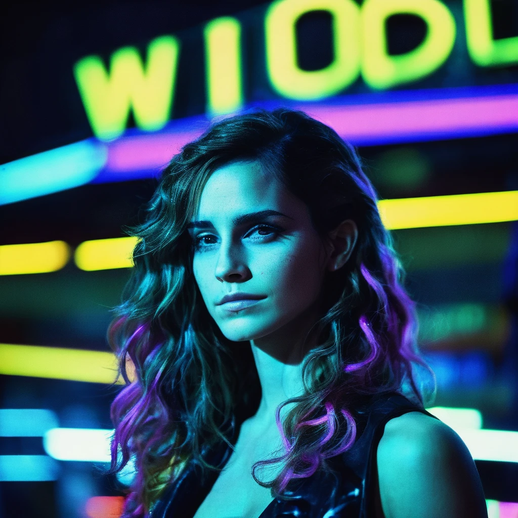 Photo of a woman with long wavy hair,portrait,kodachrome, neon,cyberpunk, , emxwtsn,   <lora:emwatson_juggerX_xl_2_standard_wocap-emxwtsn-000089:1.0>