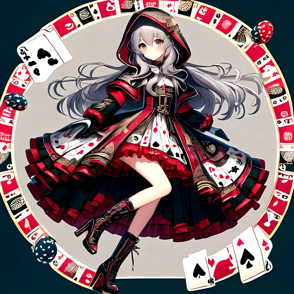 <lora:kajinoishou_v1:1>, kajinoishou, 1girl, solo, high heels, long hair, high heel boots, boots, hood, gloves, card, white gloves, looking at viewer, puffy sleeves, long sleeves, hood up, playing card, puffy long sleeves, grey eyes, bangs, dress, hair between eyes, standing on one leg, full body, standing, capelet, black footwear, socks, grey hair, black socks, closed mouth, poker chip, skirt, frills, white dress, blush, hooded jacket