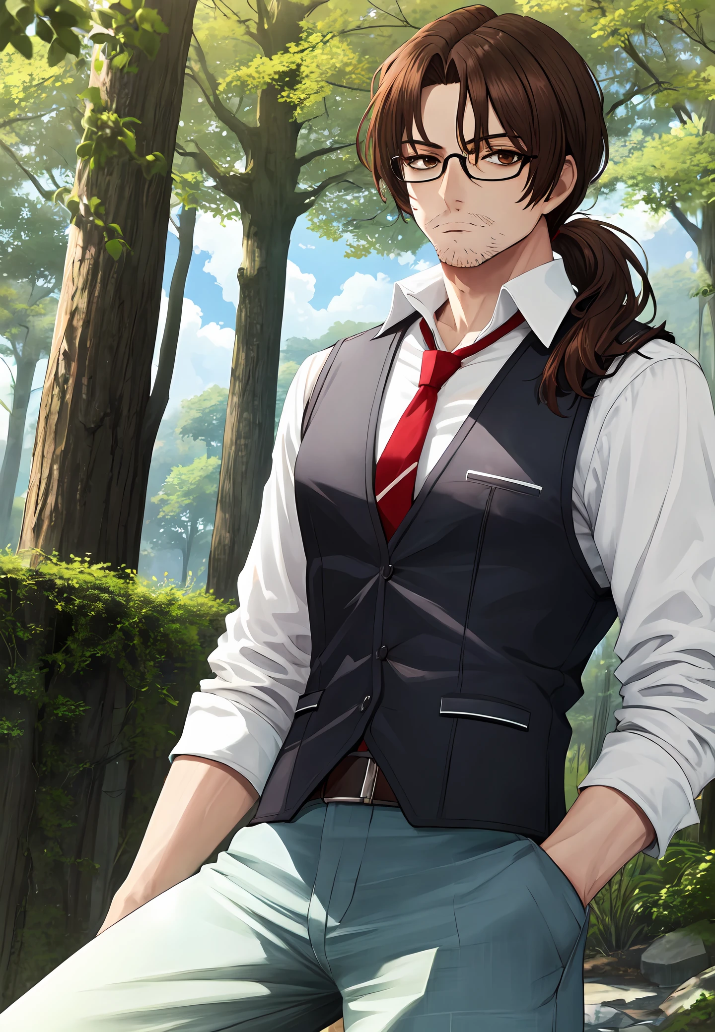 masterpiece, best quality, very aesthetic, ultra detailed, intricate details, 4k, anime style,
gregor, 1boy, solo, long hair, brown hair, brown eyes, ponytail, male focus, glasses, facial hair, stubble, 
shirt, white shirt, necktie, collared shirt, vest, red necktie, black vest,
upper body, looking at viewer, hands in pockets, forest, outdoors, tree, sunlight, cloudy, <lora:Gregor:1>