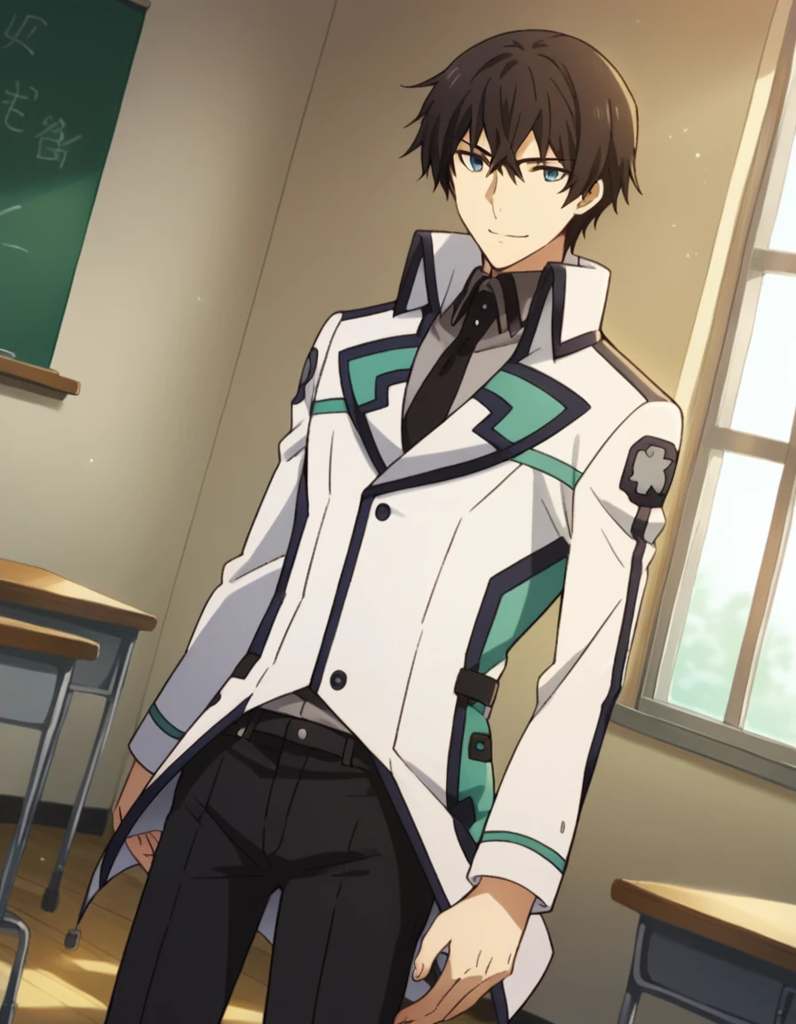 score_9, score_8_up, score_7_up, source_anime,
tatsuyashiba, <lora:tatsuya-shiba-s2-ponyxl-lora-nochekaiser:1>,
tatsuya shiba, blue eyes, black hair, male focus,
necktie, pants, black pants, school uniform, long sleeves,
indoors, classroom, smile,
cowboy shot, looking at viewer, solo, dutch angle,