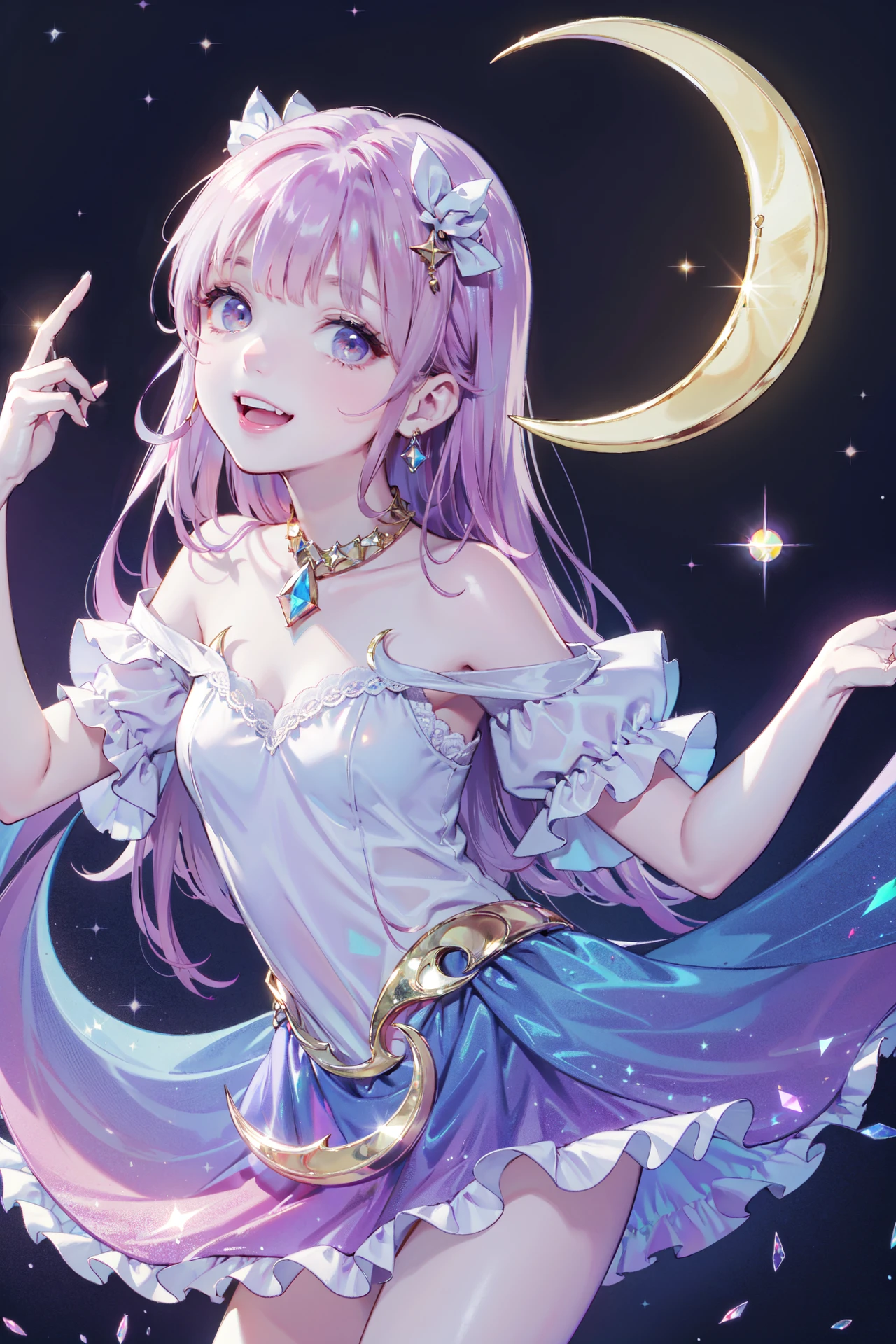 ((best quality, masterpiece, absurbres, super-resolution))
1girl, gentle, elegant, smiling, open mouth, small fangs, little devil, looking at viewer,
BREAK
dancing with you, reaching out to viewer, spinning
BREAK
flowing glistering hair, bejewel accessories, flowy translucent skirt, Off shoulder cut out top with laces
BREAK
(Detailed crescent moon:1.5), (crystal, holographic, prism:1.3)