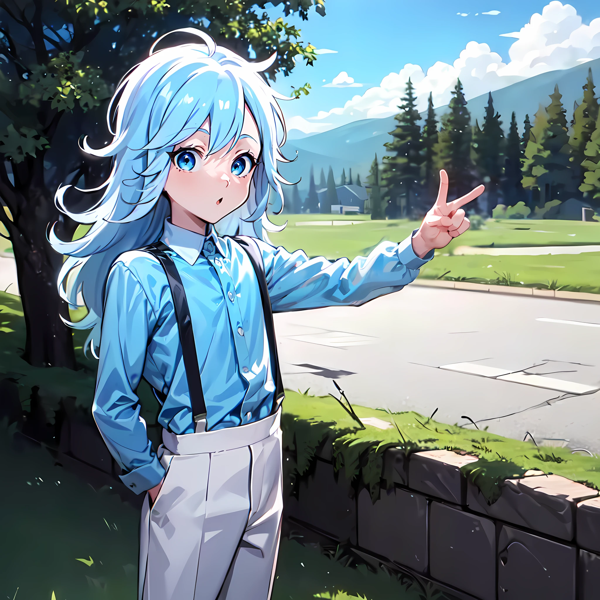 masterpiece, best quality, Akira, 1boy, solo,short,young boy,femboy,cute,blue eyes, male focus, long hair, white suspenders,long sleeves,white pants, shirt,peace sign, otoko no ko,(blue shirt),cute expressions, light blue hair, outdoors,beautiful scenery,pose ,<lora:Akira:0.7>