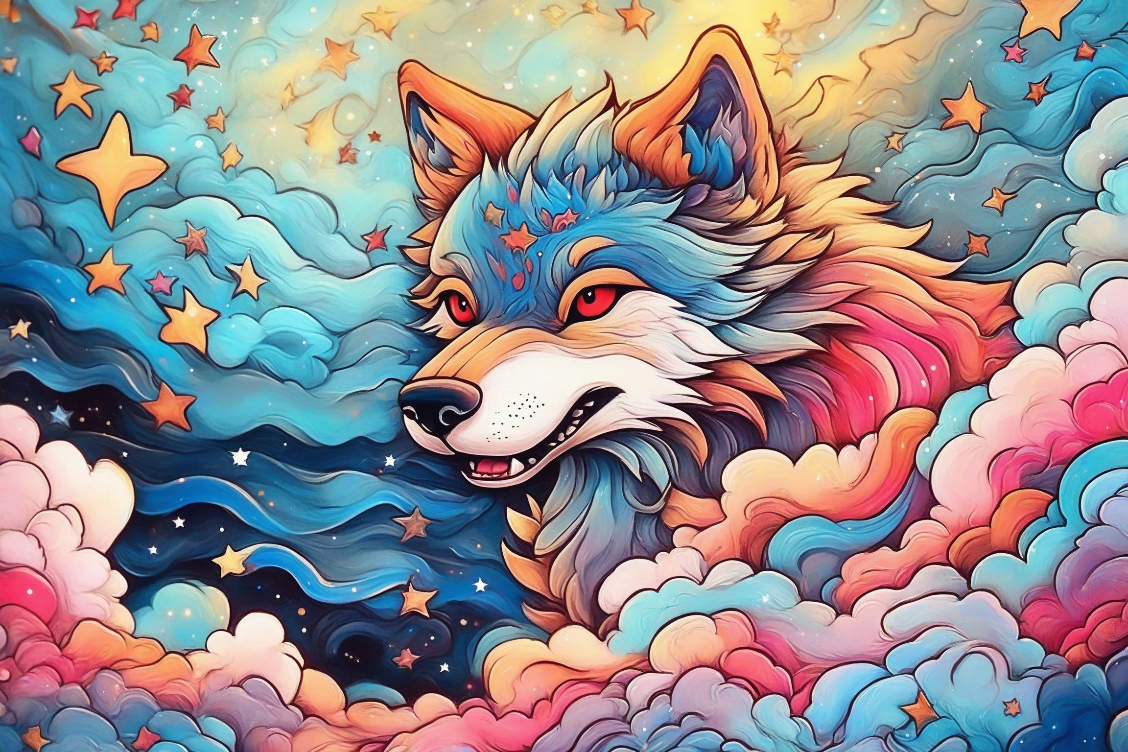 A vividly illustrated wolf with a fierce expression. The wolf has a mix of blue and pink hues in its fur, with intense red eyes. It appears to be growling or roaring, revealing sharp teeth. The background is a blend of pastel colors, with stars, moons, and swirling patterns. The wolf's mane flows around it, blending with the colors of the background. The overall ambiance of the image is mystical and intense.